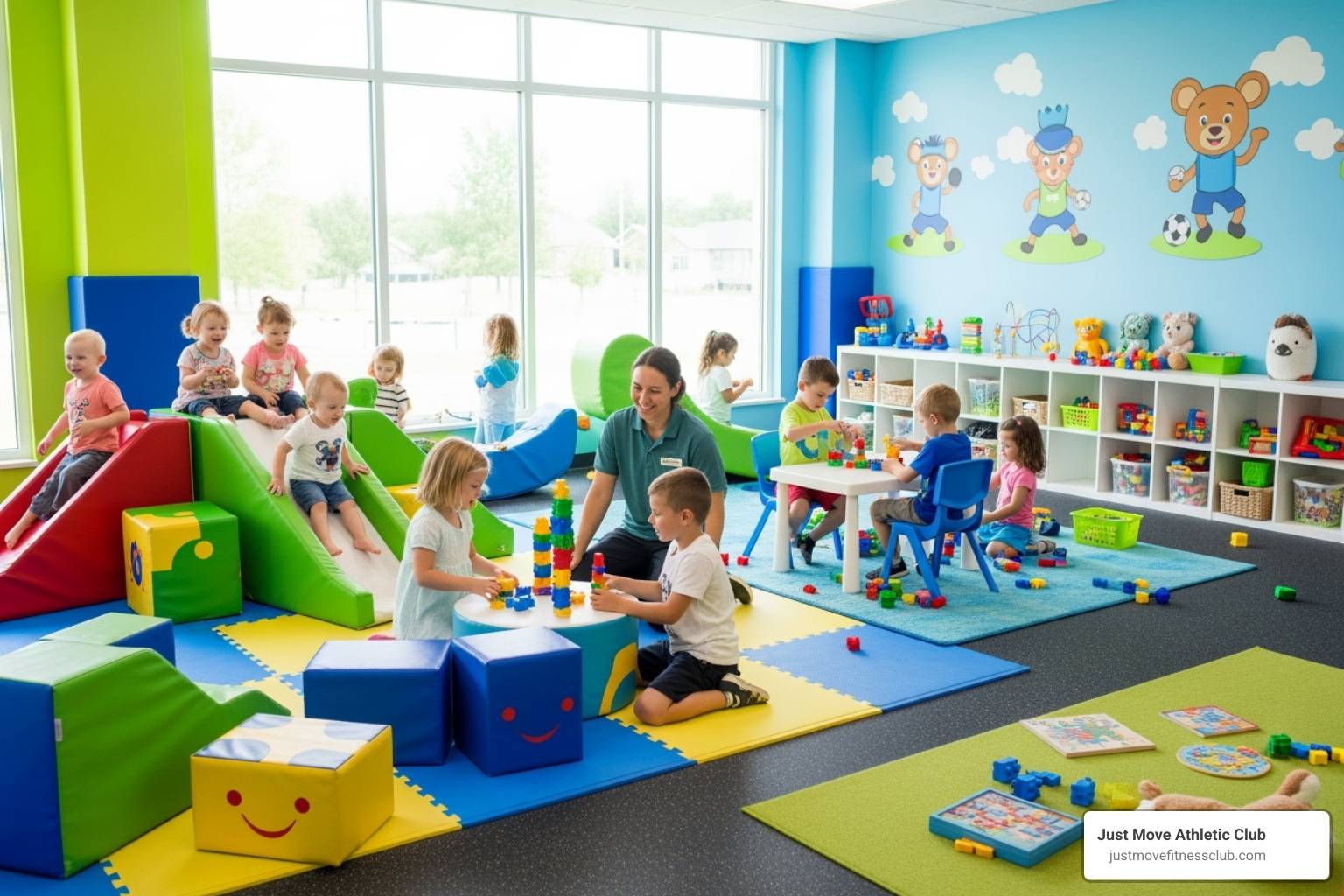 gym's Kid's Club area with children playing safely - fitness center lakeland fl