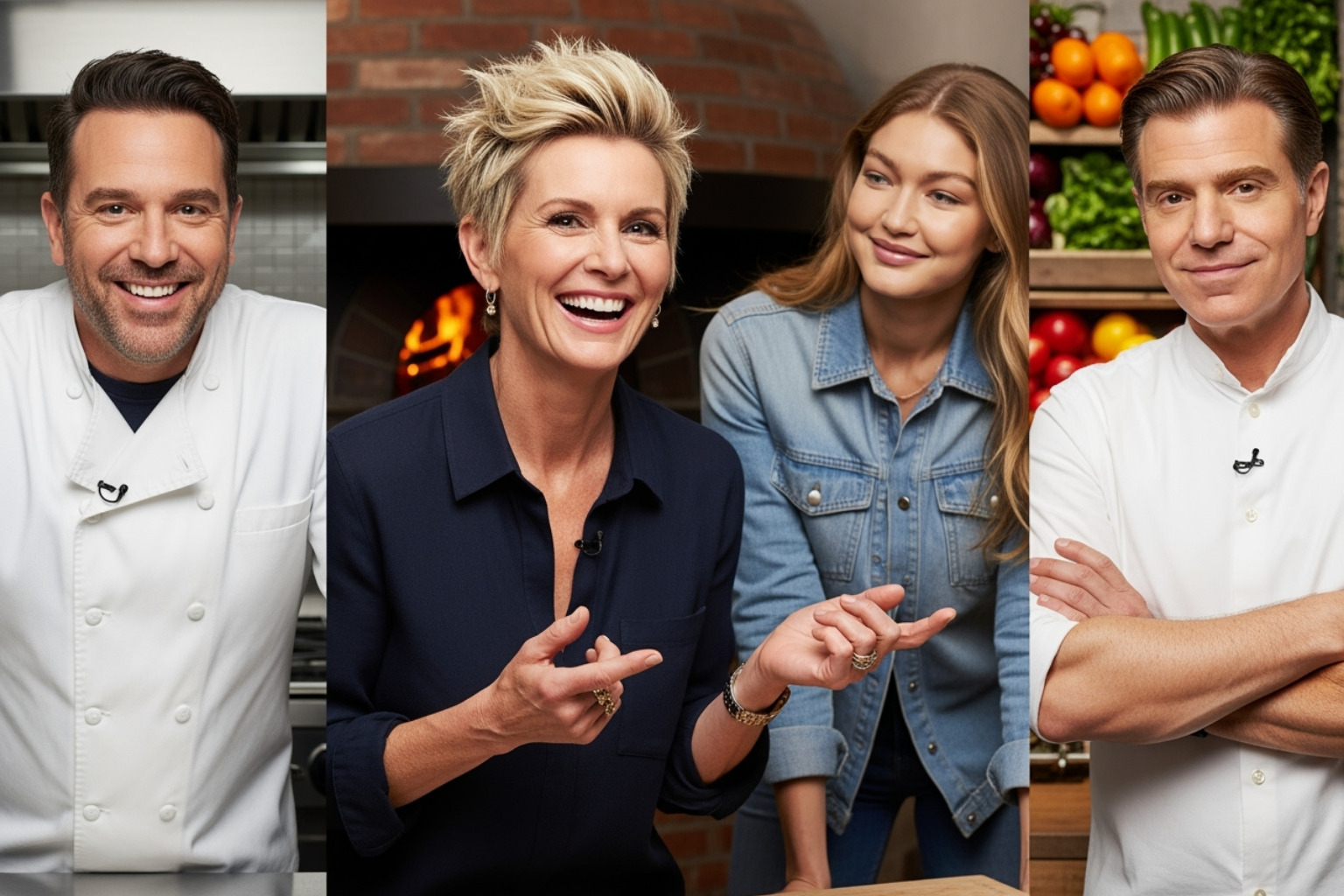 A collage of Anne Burrell with fellow celebrity chefs like Duff Goldman, Bobby Flay, and Gigi Hadid - anne burrell cause of deat