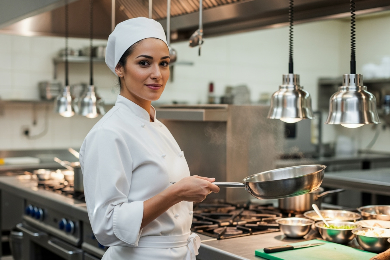 Anne Burrell in a professional kitchen setting, confidently holding a pan - anne burrell cause of deat