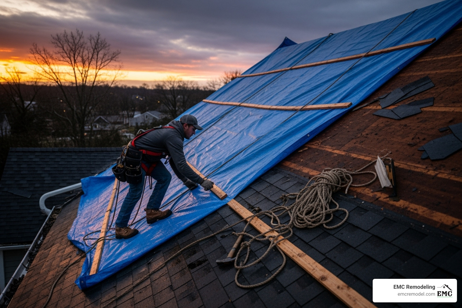 Roofer applying a temporary tarp to a storm-damaged roof at dusk - roofing and repair