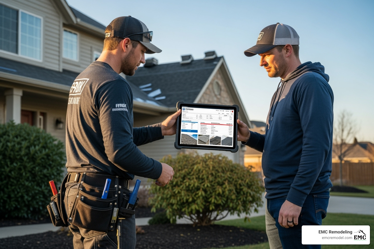 Professional roofer providing a detailed estimate to a homeowner on a tablet - roofing and repair