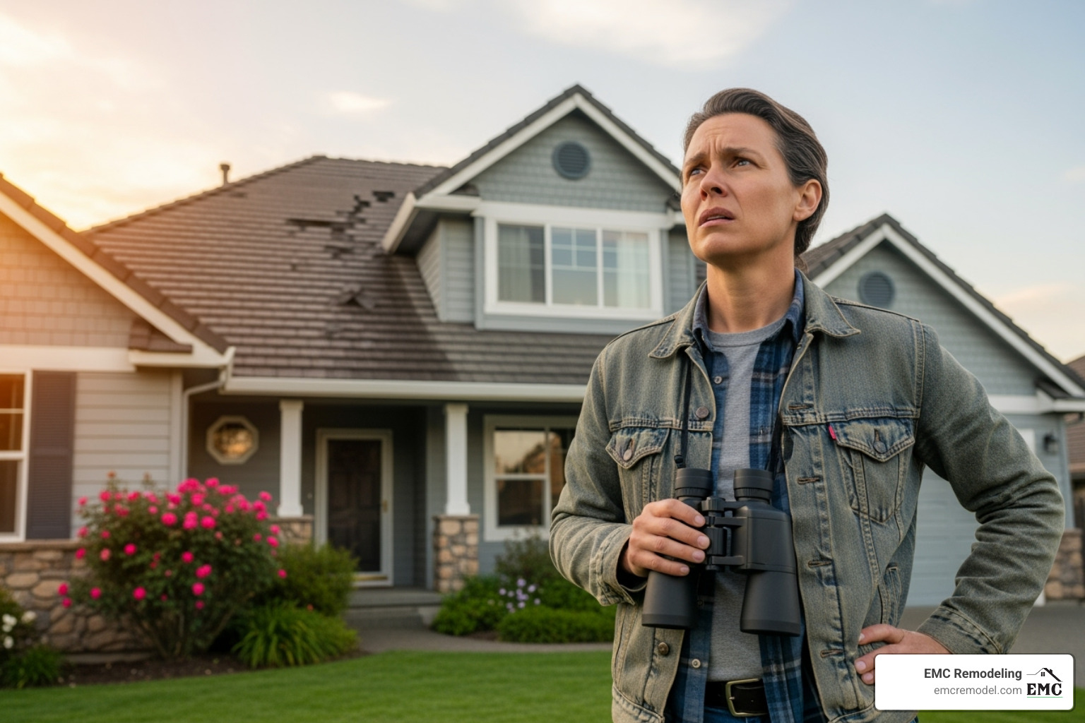 Homeowner looking up at their roof with a concerned expression - roofing and repair