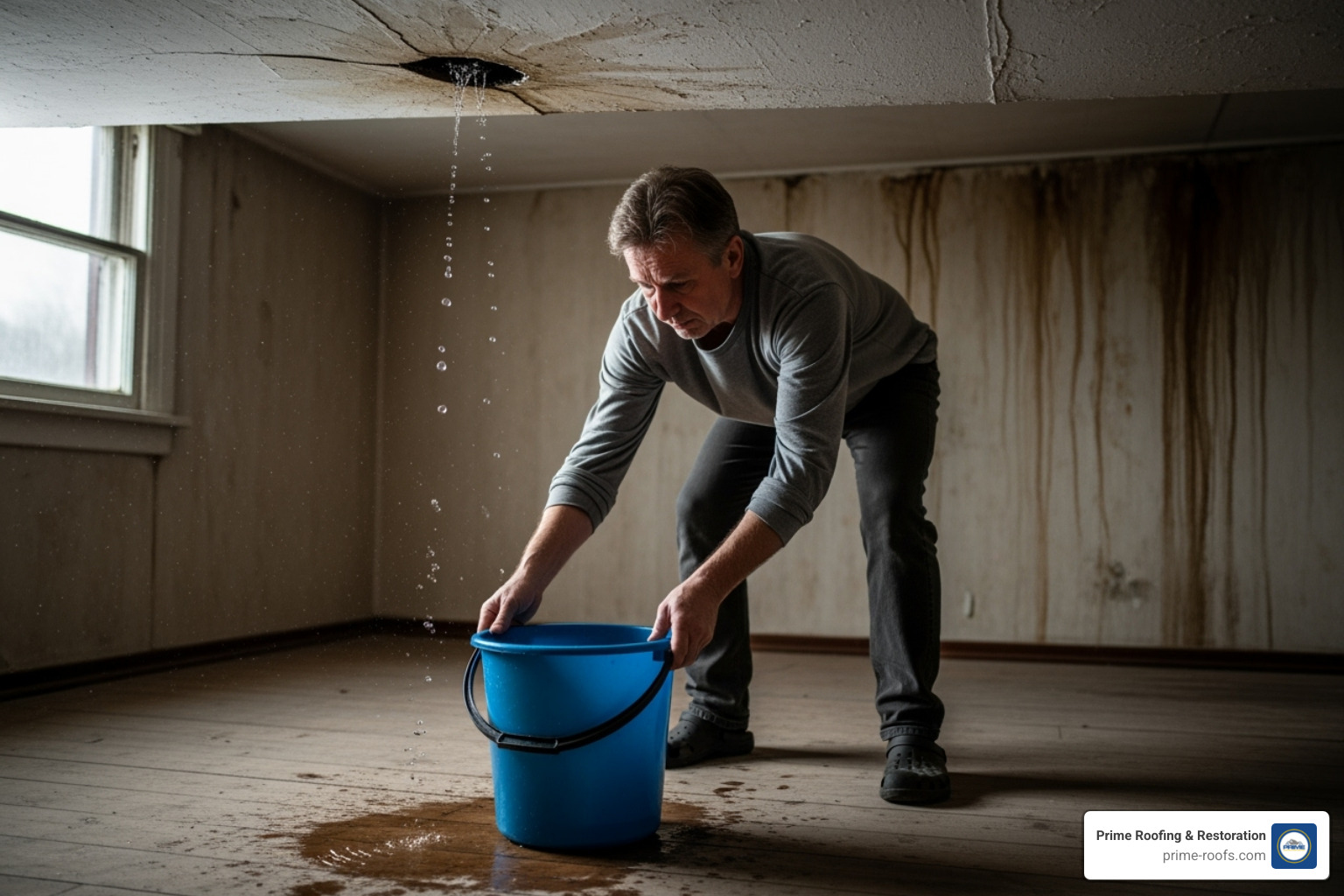 A homeowner safely placing a bucket under a ceiling leak inside their home - emergency roofing orange beach al