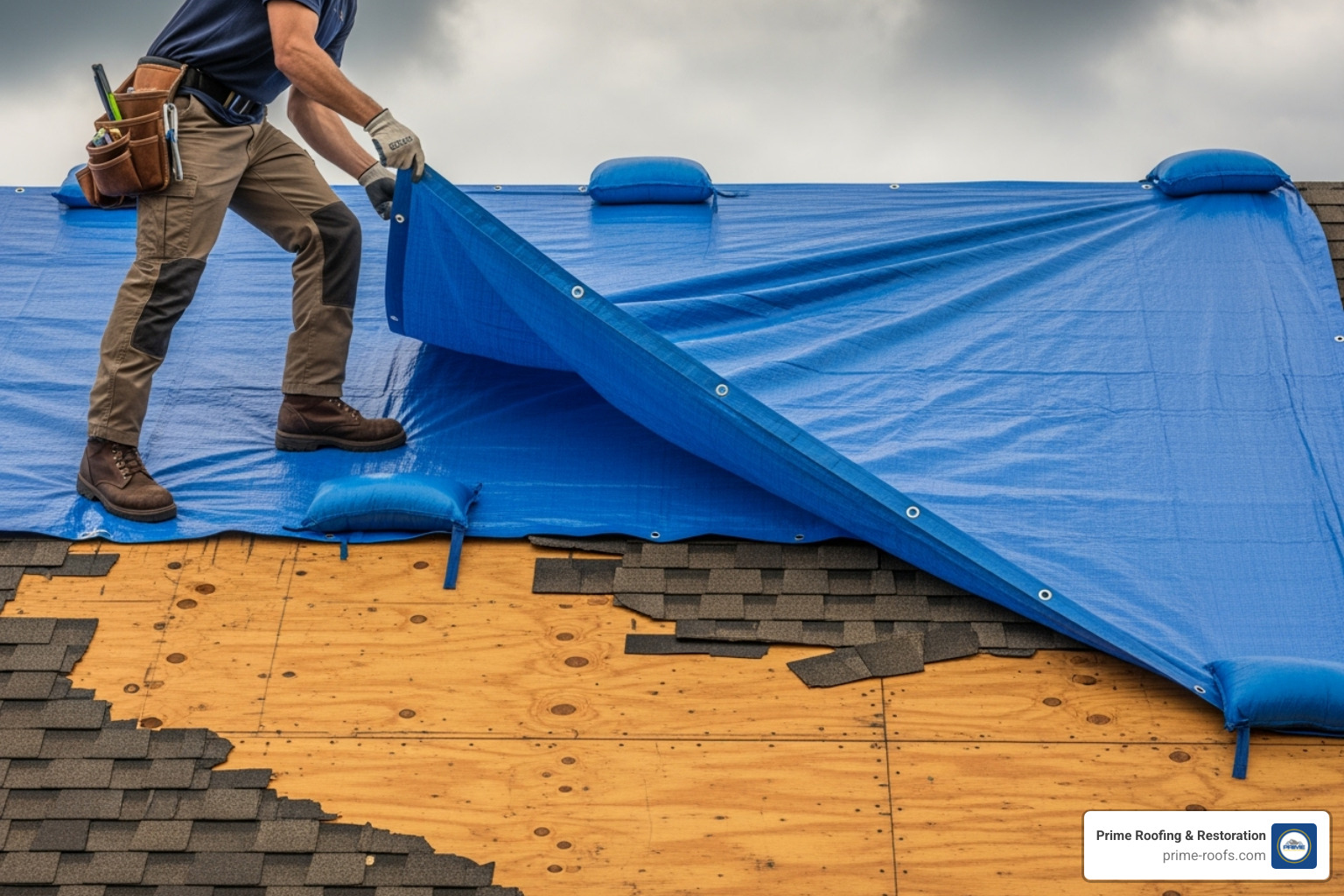 A professional roofer securely installing a blue emergency tarp on a damaged roof - emergency roofing orange beach al