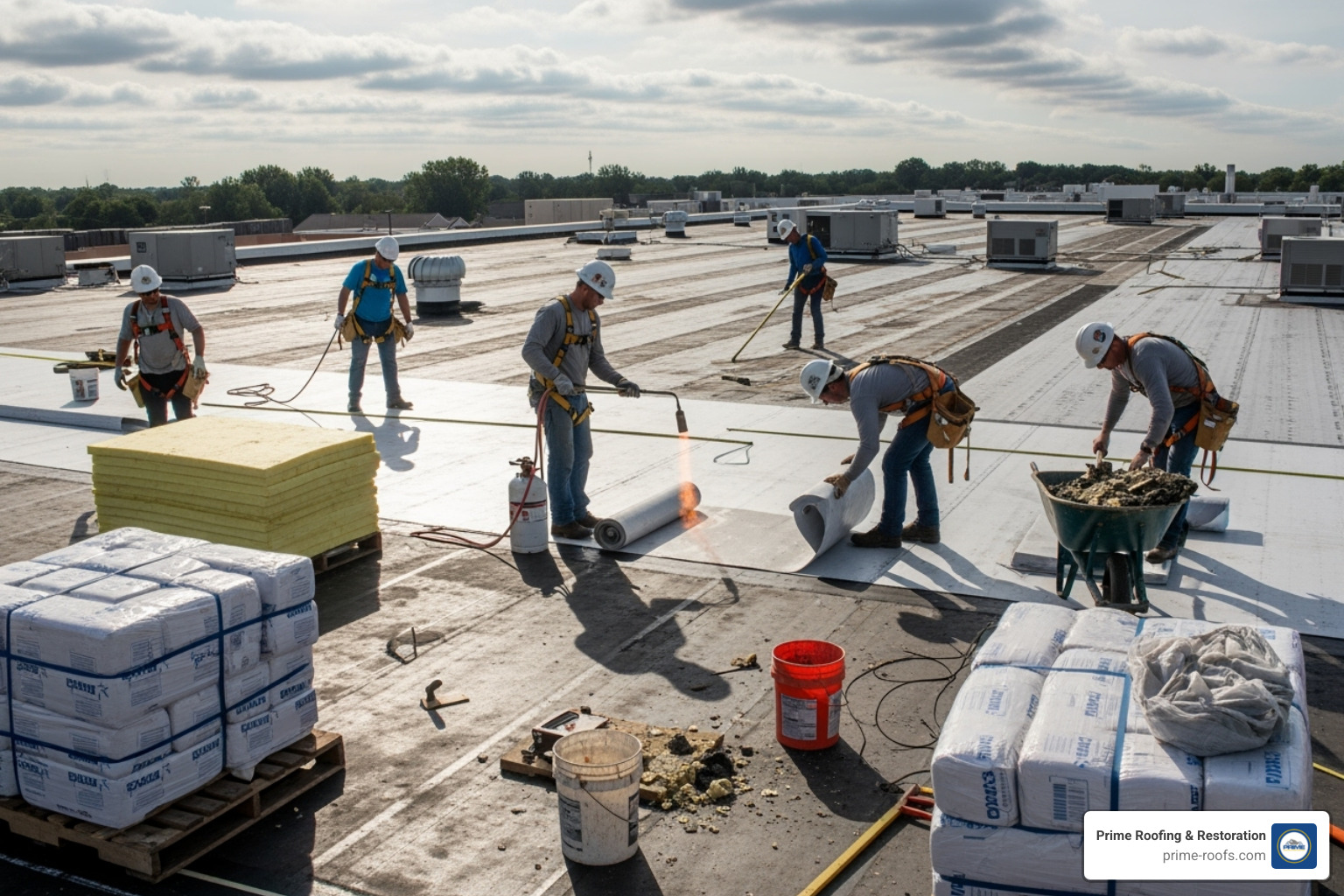roofing crew working on commercial roof replacement - commercial roof replacement