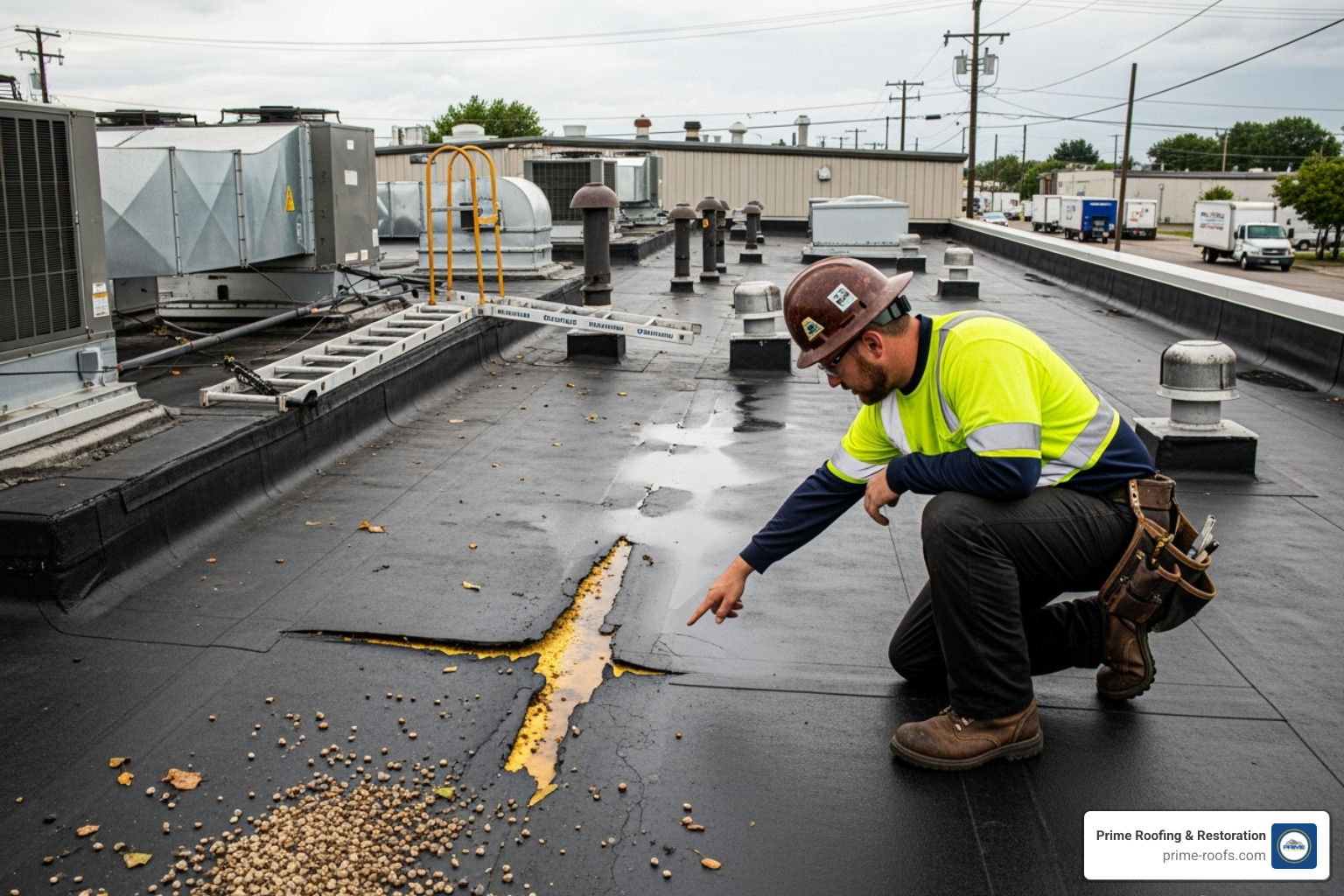 roofing inspector examining damaged commercial roof - commercial roof replacement