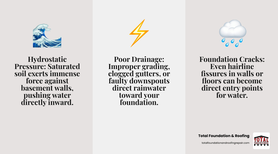 Infographic showing the top 3 causes of foundation water problems: hydrostatic pressure from saturated soil pushing against basement walls, foundation cracks allowing water entry, and poor drainage directing water toward the foundation instead of away from it - foundation waterproofing contractors near me infographic 3_facts_emoji_grey