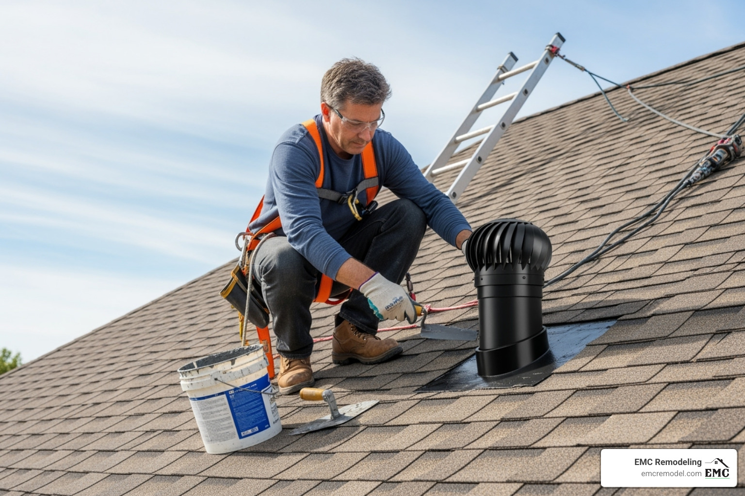 homeowner safely applying roofing cement to vent pipe - attic leak repair