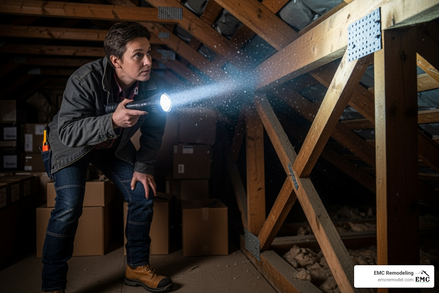 homeowner in attic with flashlight - attic leak repair