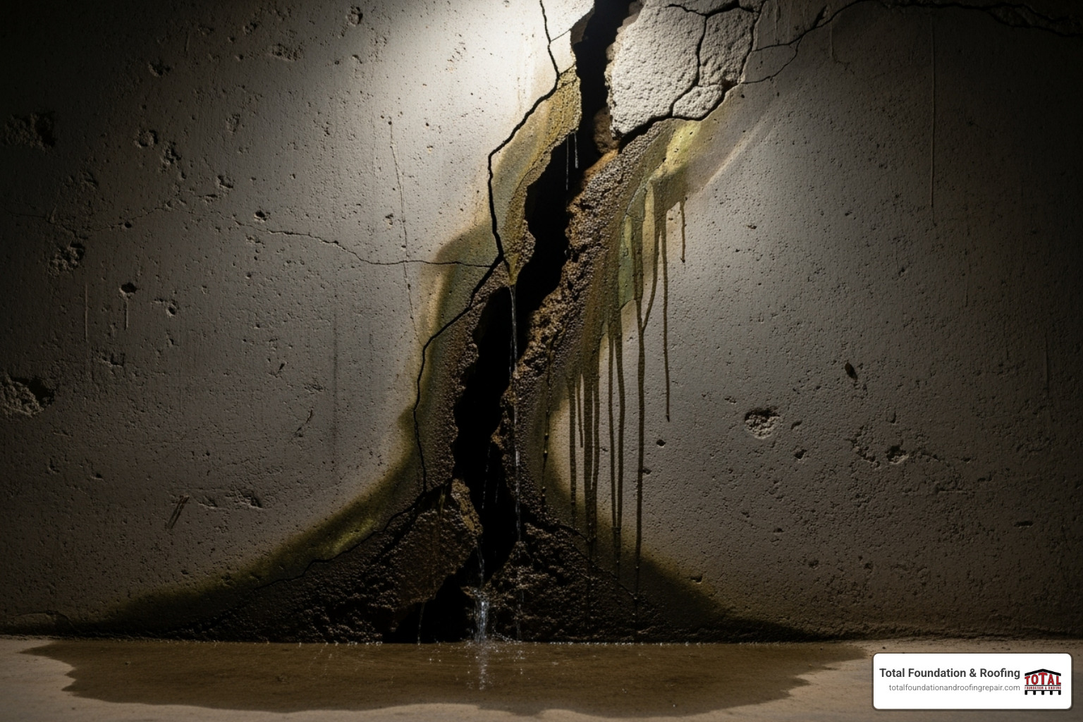 Image of a large crack in a basement wall with water seeping through - foundation waterproofing contractors near me