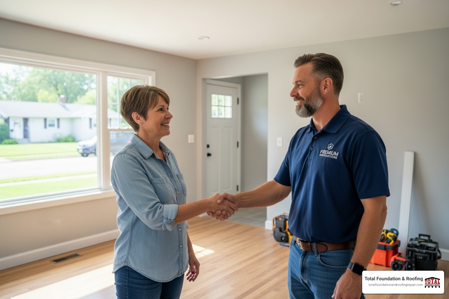Image of a homeowner shaking hands with a professional contractor - foundation waterproofing contractors near me