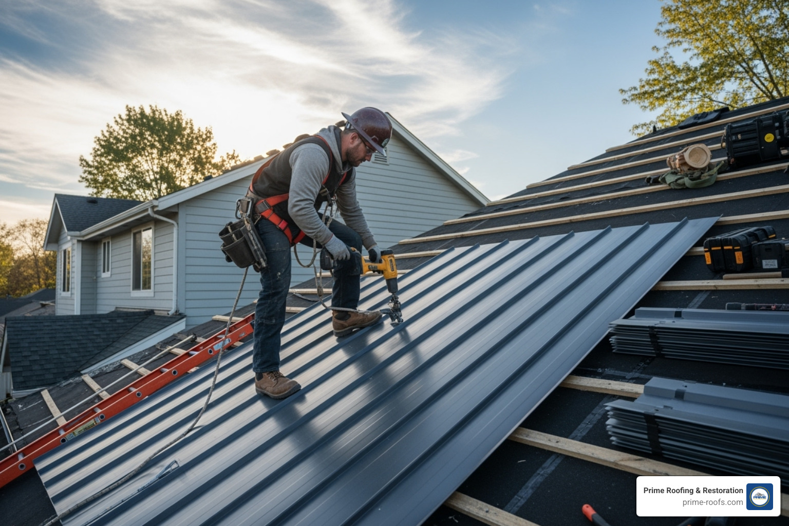 professional roofer installing metal panel - roofing sheet metal near me