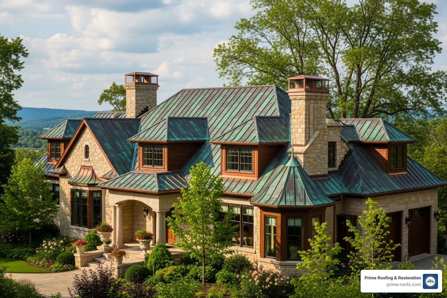 a beautiful home with a copper metal roof, highlighting its aesthetic value - sheet metal roofing contractors near me