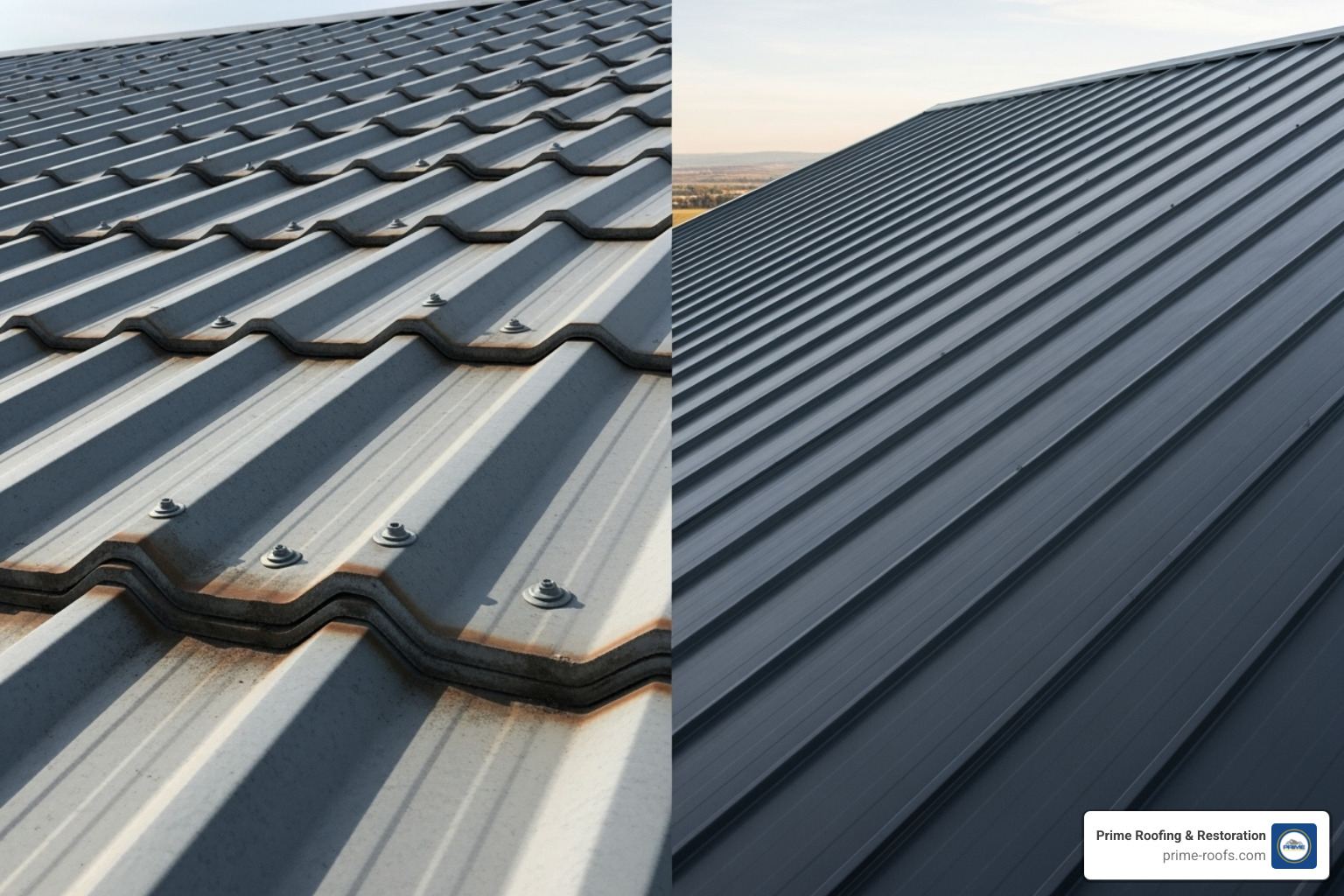 a corrugated metal roof on one side and a standing seam metal roof on the other - sheet metal roofing contractors near me