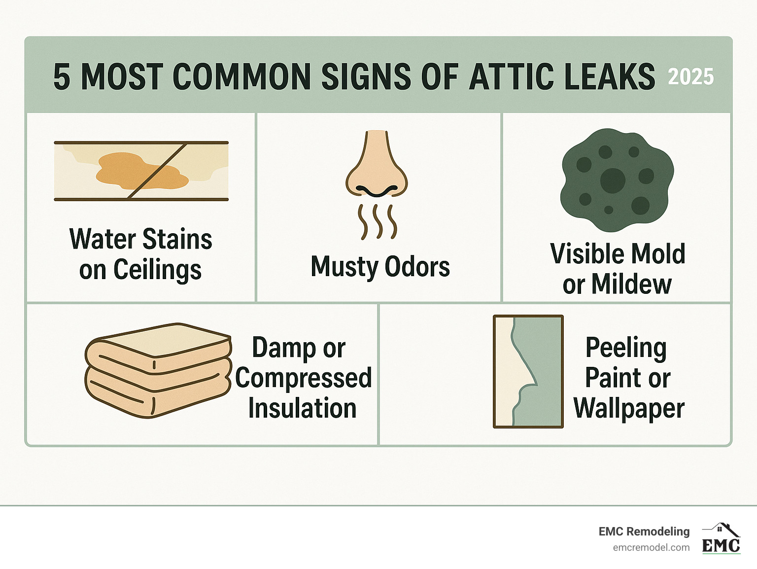 Infographic showing the 5 most common signs of attic leaks: water stains on ceilings appearing as brown or yellow discoloration, musty odors indicating trapped moisture, visible mold or mildew growth in dark patches, damp or compressed attic insulation that has lost its fluffy appearance, and peeling paint or wallpaper on interior walls and ceilings - attic leak repair infographic 