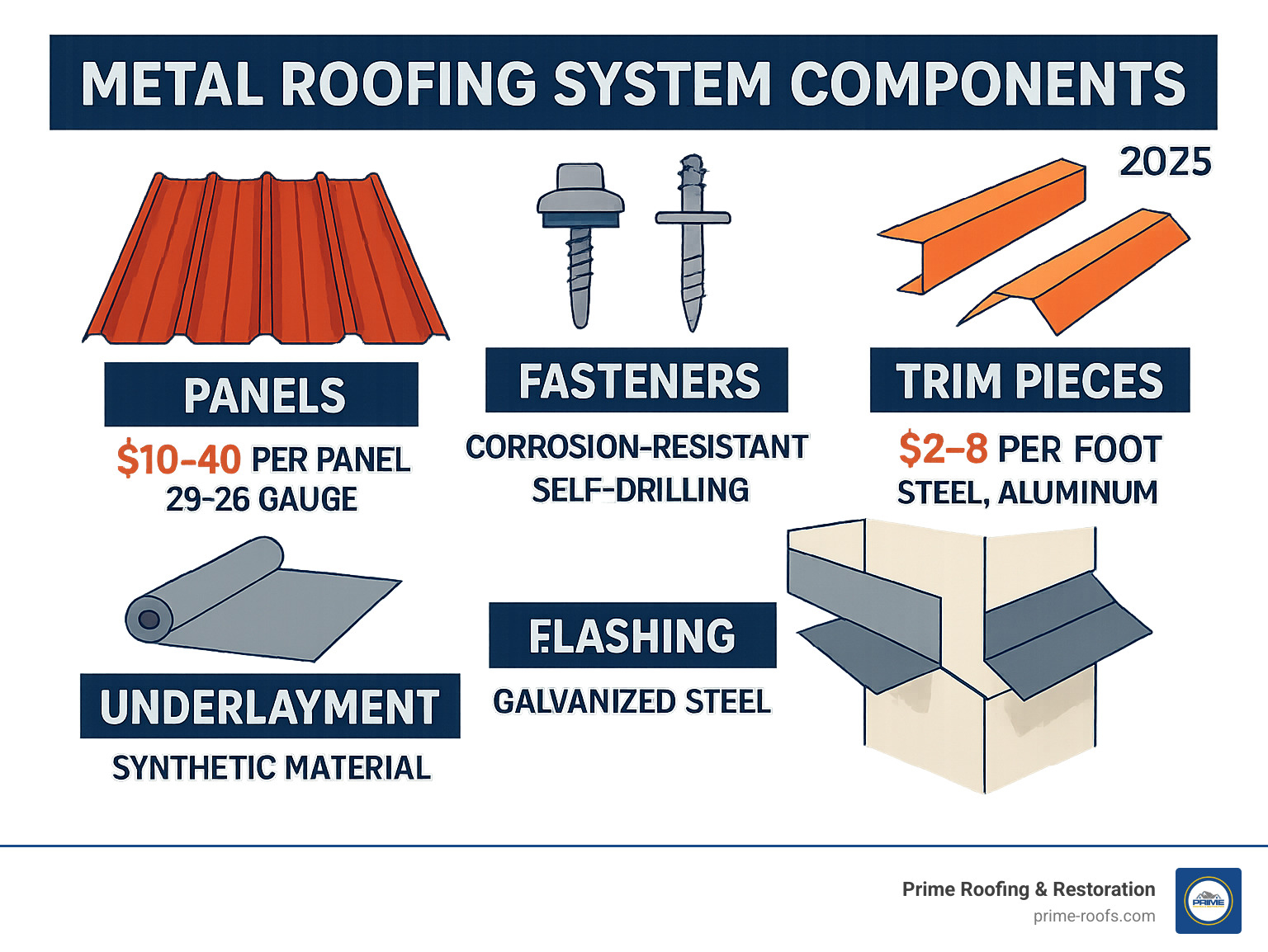 Detailed breakdown of metal roofing system components including panels, fasteners, trim pieces, underlayment, and flashing with pricing ranges and material specifications - roofing sheet metal near me infographic 