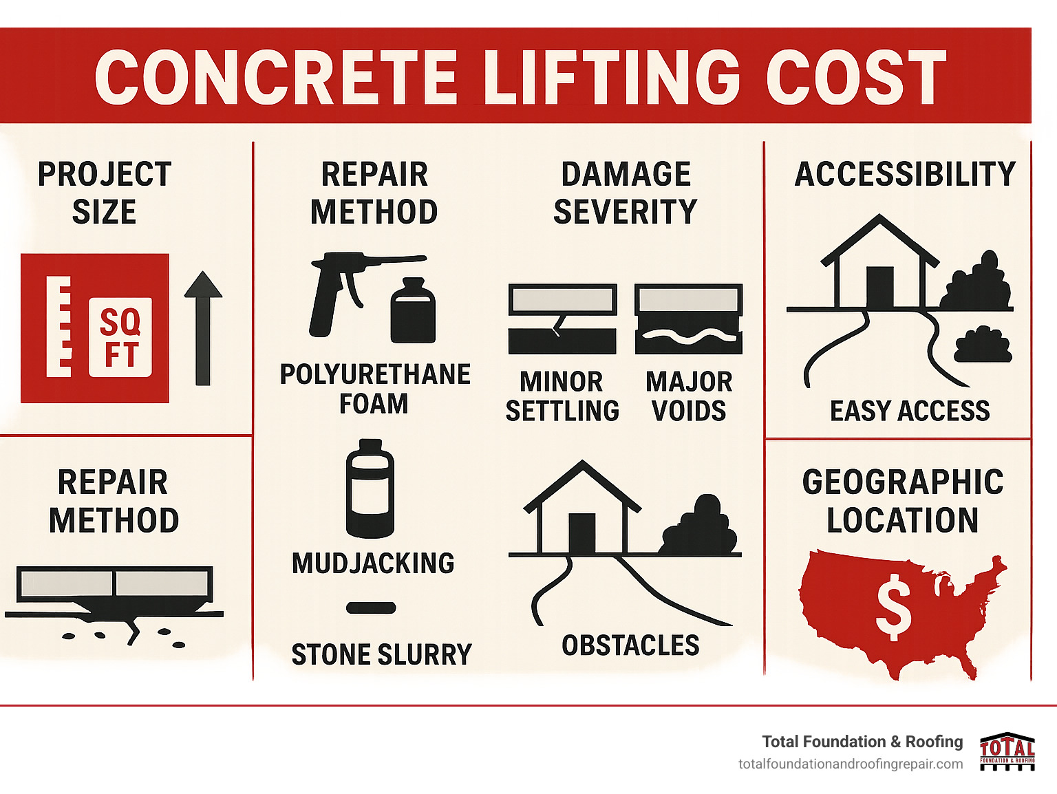 Infographic showing the main factors that influence concrete lifting prices: project size (measured in square feet and amount of lift needed), repair method (polyurethane foam vs mudjacking vs stone slurry), damage severity (minor settling vs major voids), accessibility (easy access vs obstacles), and geographic location affecting labor rates - concrete lifting cost infographic 