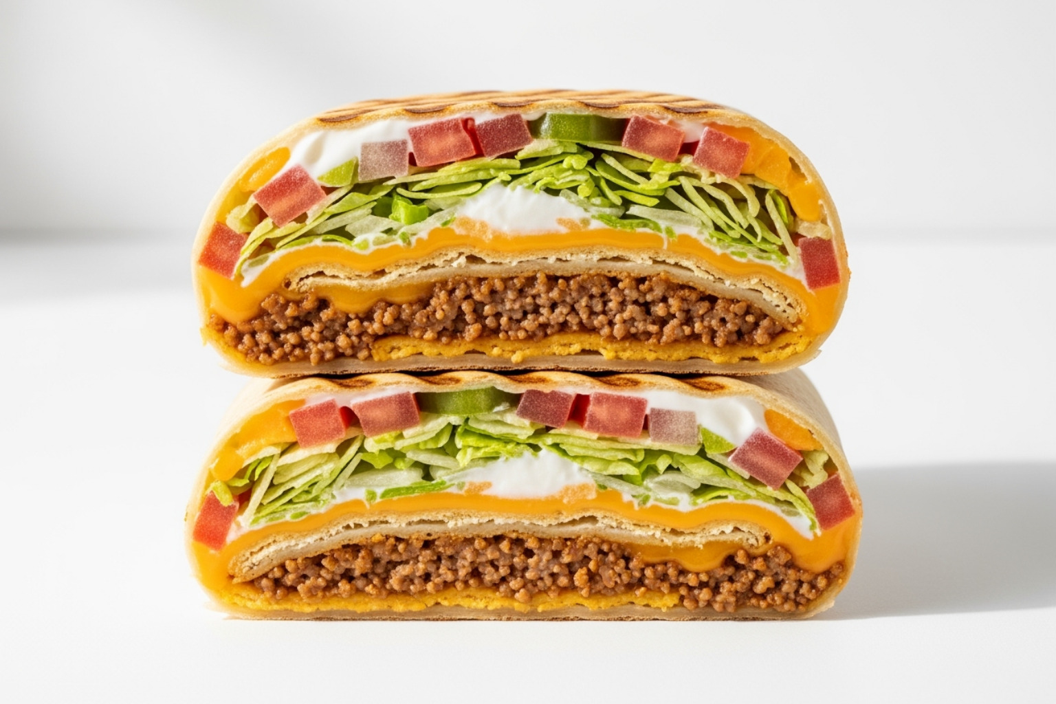 Crunchwrap Supreme cut in half, showing its layers -  taco bell menu