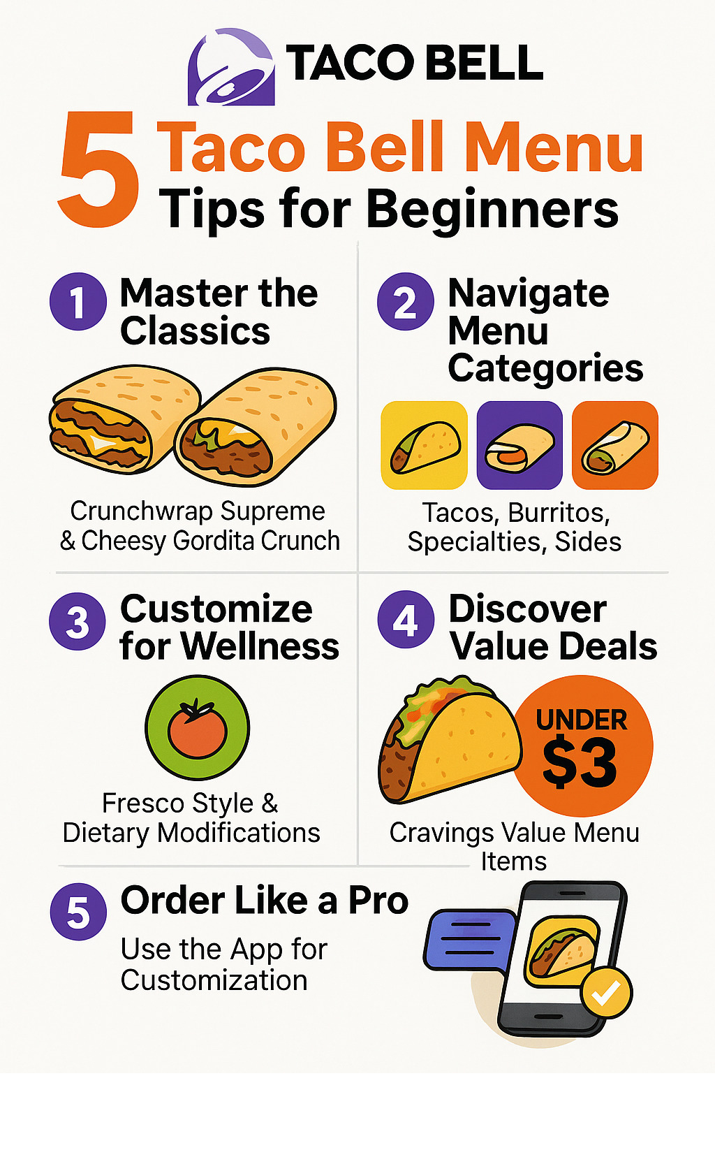Infographic showing 5 essential Taco Bell menu tips: 1. Master the Classics like Crunchwrap Supreme and Cheesy Gordita Crunch, 2. Steer Menu Categories including tacos, burritos, specialties, and sides, 3. Customize for Wellness with Fresco Style and dietary modifications, 4. Find Value Deals on Cravings Value Menu items under $3, 5. Order Like a Pro using the app for easy customization and online exclusives -  taco bell menu infographic 