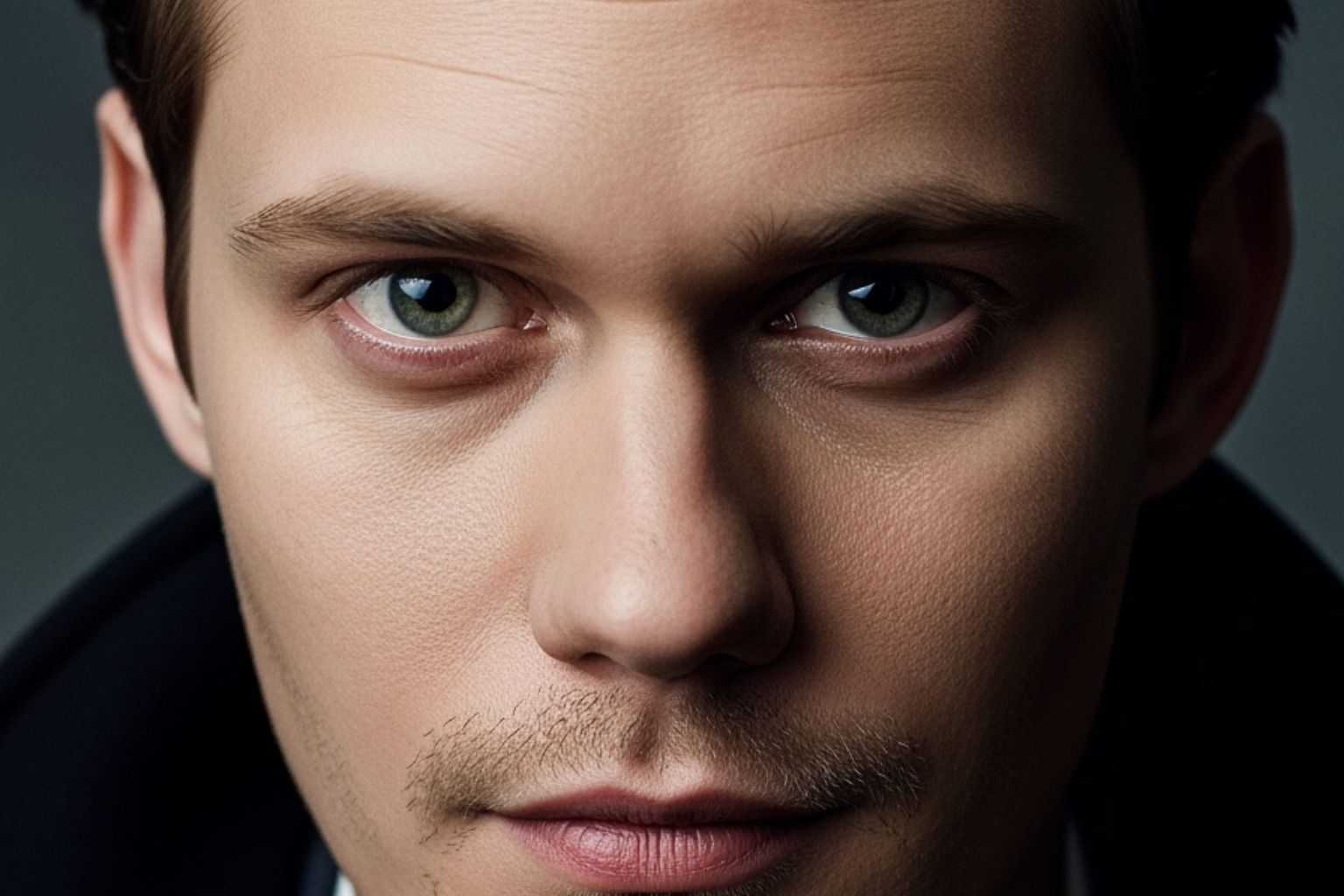 Bill Skarsgård demonstrating his unique smile out of makeup - bill skarsgård