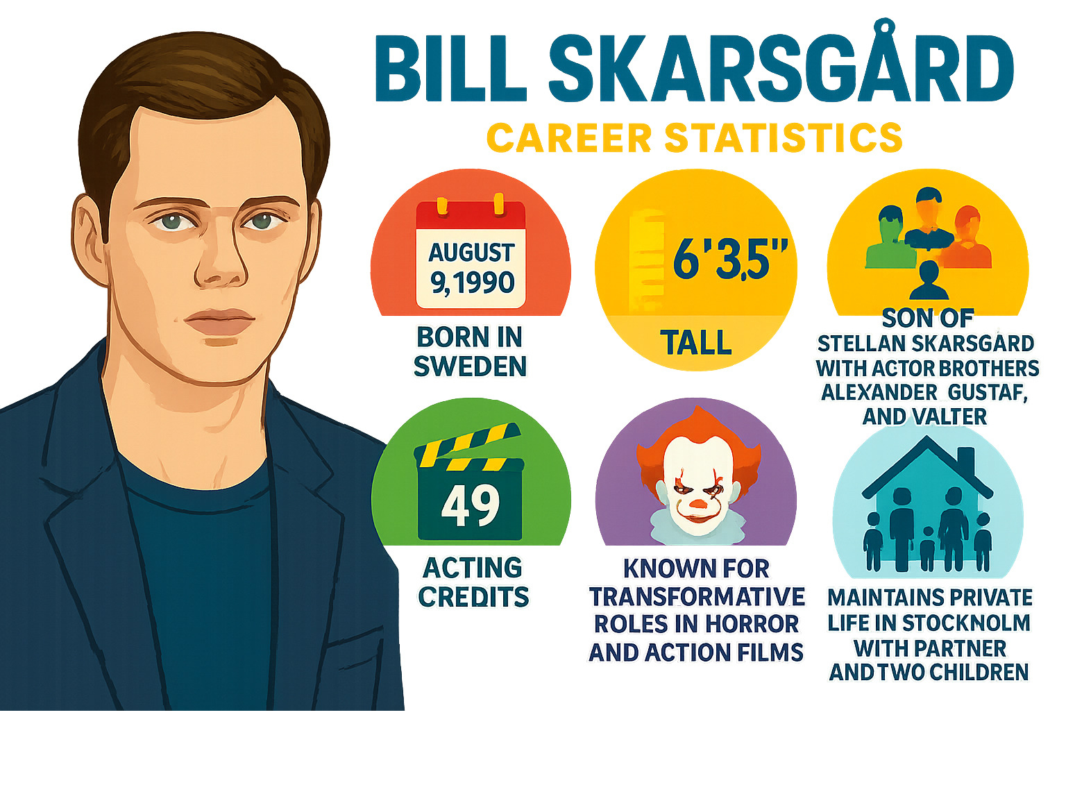Infographic showing Bill Skarsgård's career statistics: Born August 9, 1990 in Sweden, 6 feet 3.5 inches tall, 49 acting credits spanning 25 years, son of Stellan Skarsgård with actor brothers Alexander Gustaf and Valter, known for transformative roles in horror and action films, maintains private life in Stockholm with partner and two children - bill skarsgård infographic 