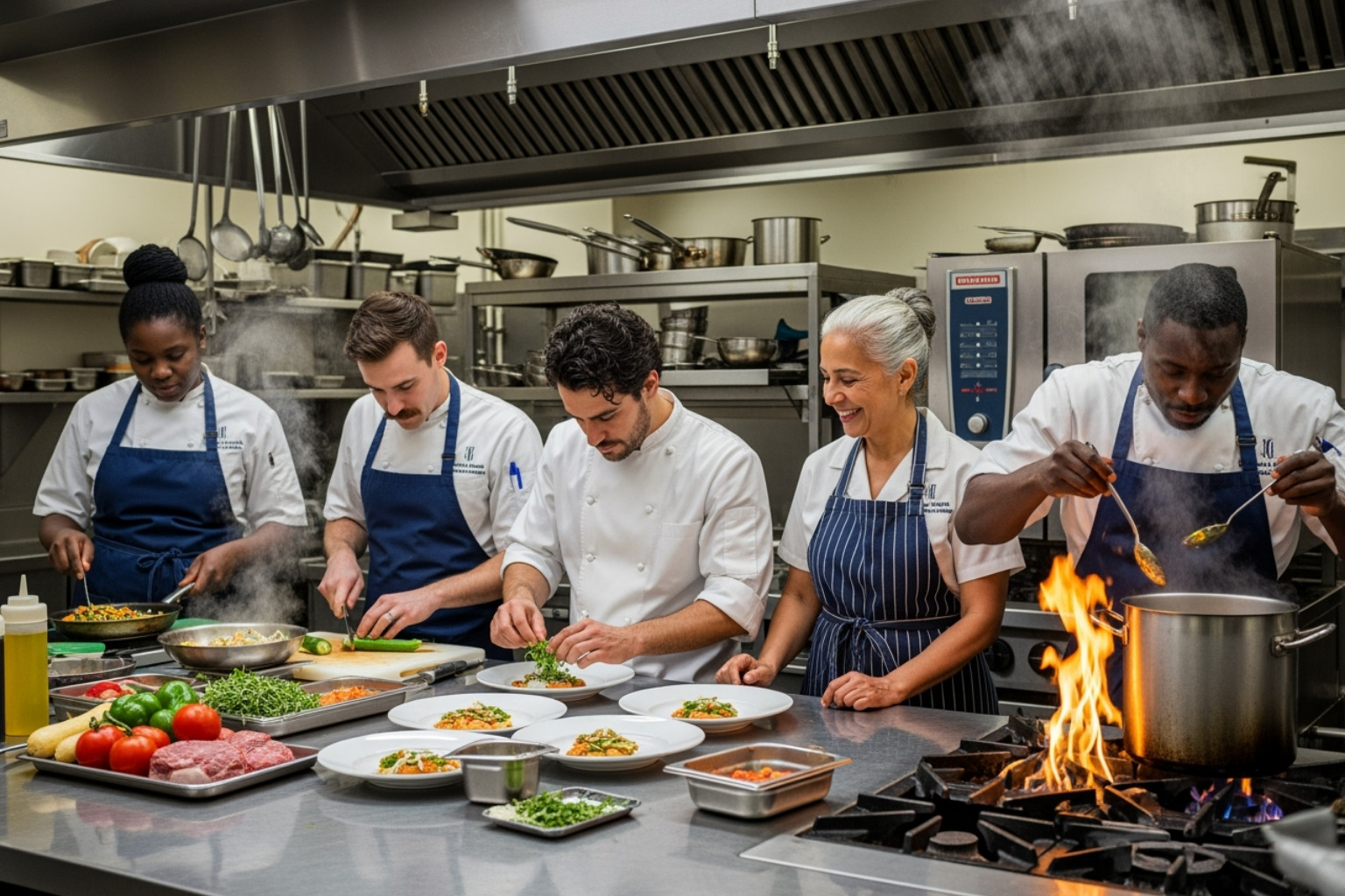 The core cast including Carmy, Sydney, Richie, Tina, and Marcus in the kitchen of The Bear - the bear cast