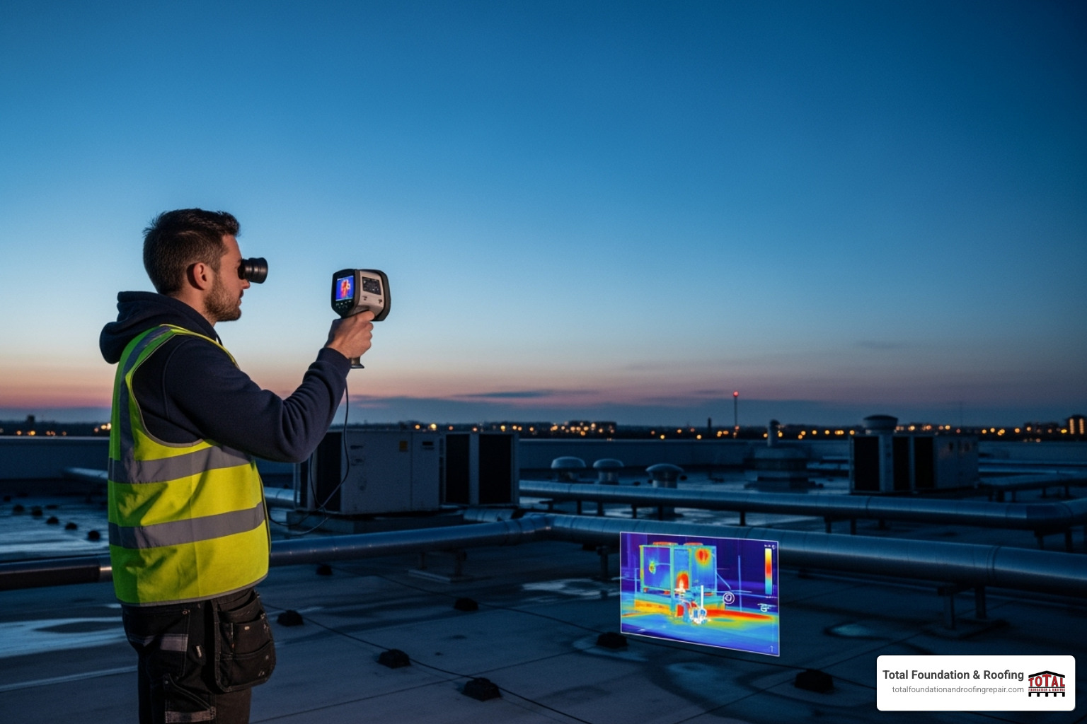 certified thermographer using a handhled thermal camera on a flat roof at dusk - thermal imaging to detect roof leaks