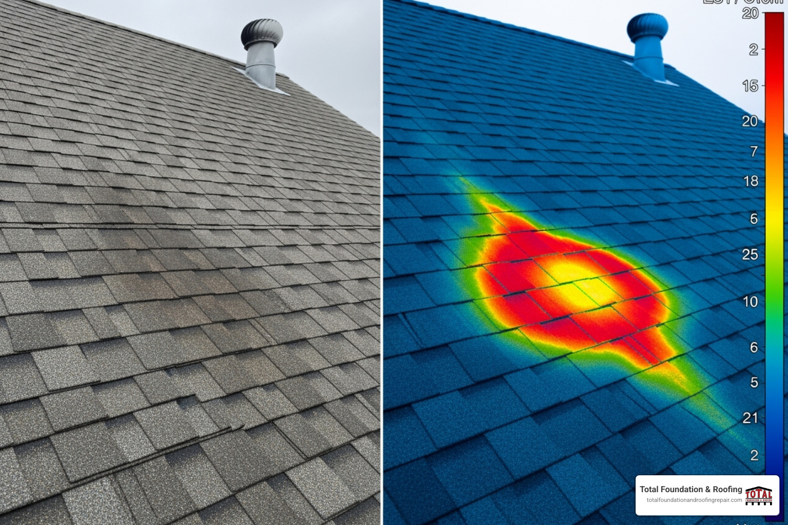 side-by-side comparison of a normal photo of a roof section and a thermal image highlighting a wet area - thermal imaging to detect roof leaks