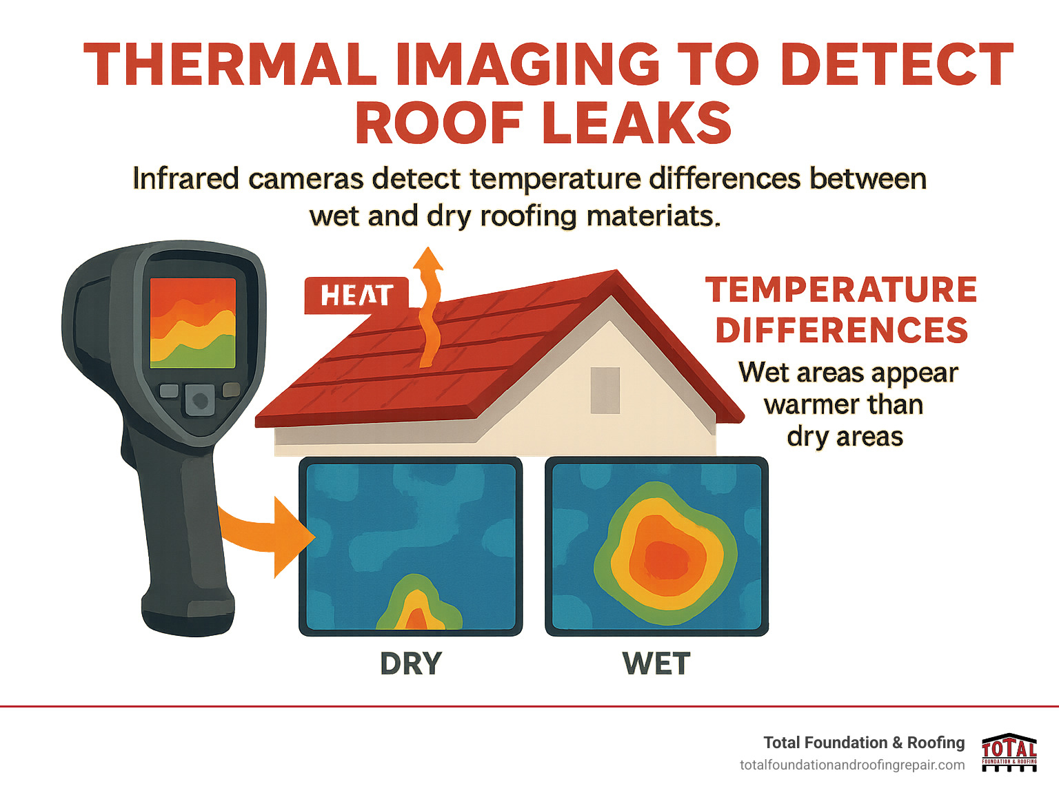 Thermal imaging process infographic showing how infrared cameras detect temperature differences between wet and dry roofing materials, displayed as color-coded heat maps that reveal hidden moisture patterns invisible to the naked eye - thermal imaging to detect roof leaks infographic 