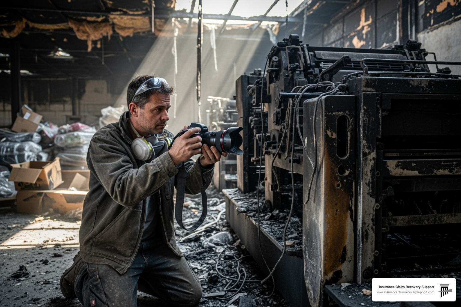business owner taking detailed photos of damaged equipment and inventory - business fire damage claim