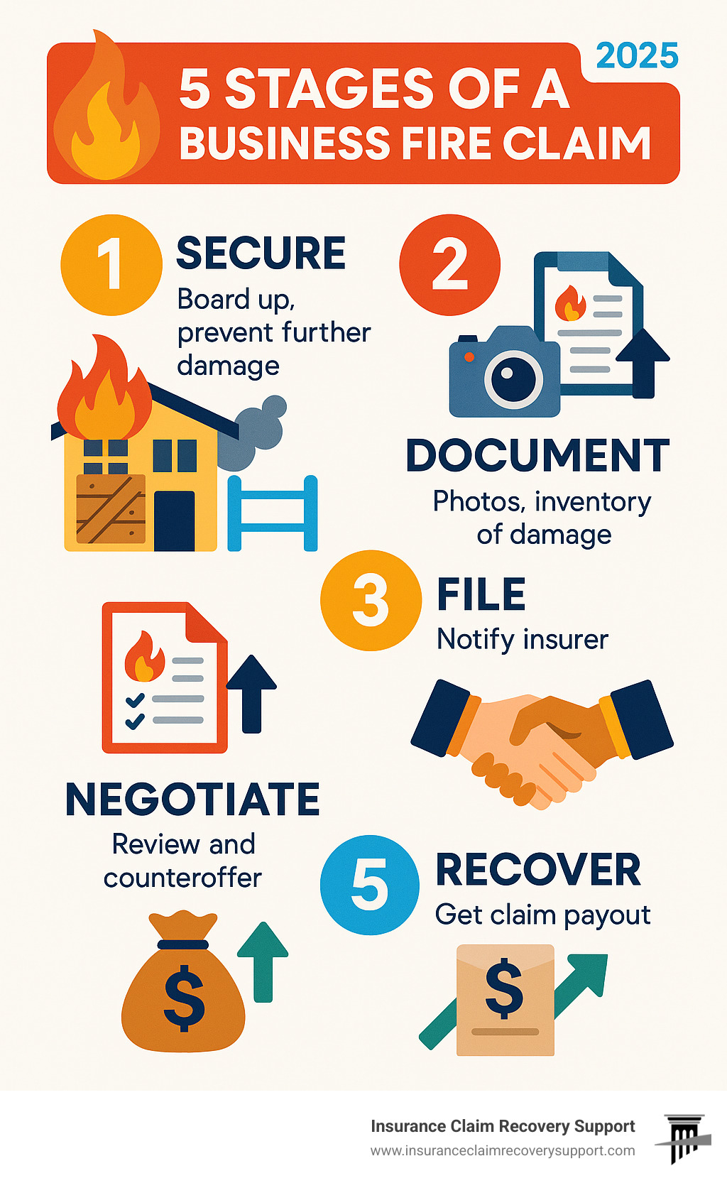 Infographic explaining the 5 key stages of a business fire claim: Secure, Document, File, Negotiate, Recover. - business fire damage claim infographic 