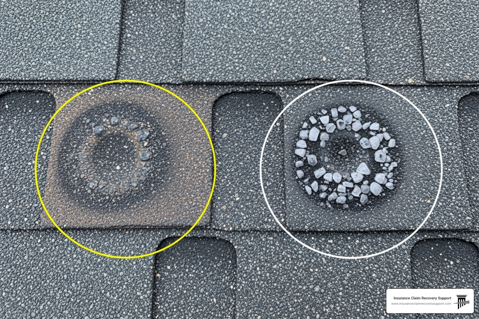 close-up of a roof shingle with circles highlighting both "wear and tear" and actual hail impact - hail damage claim dispute
