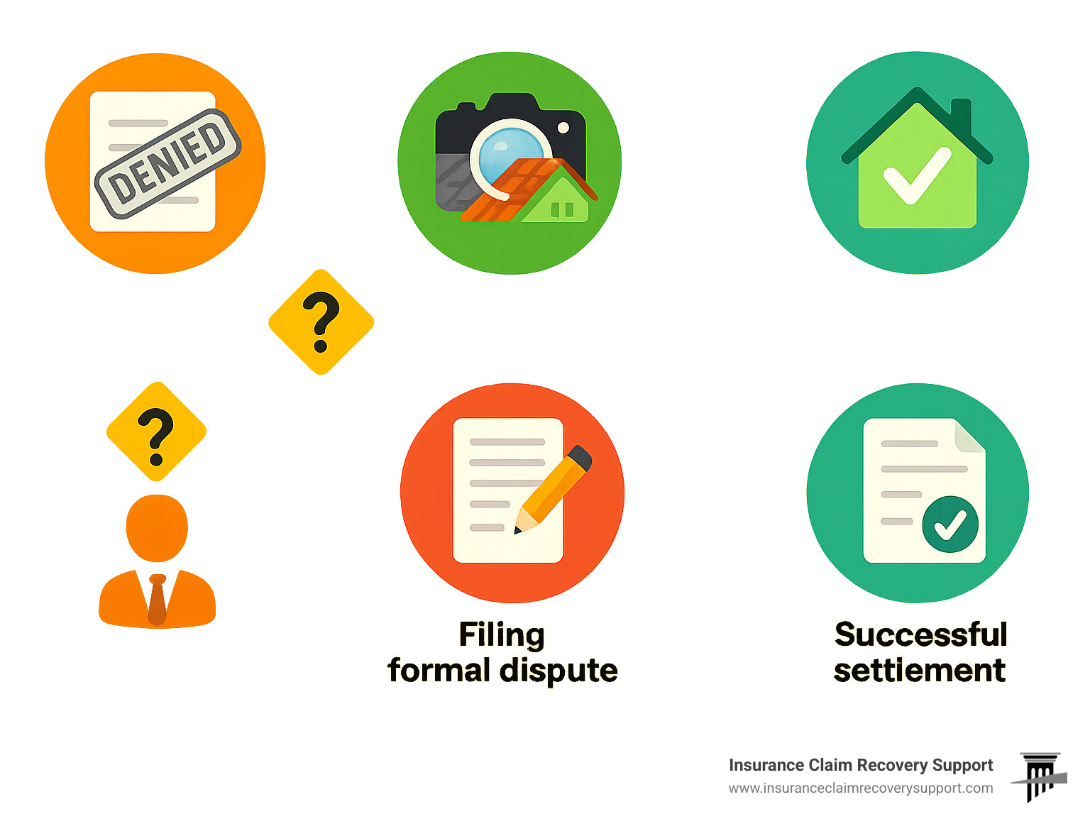 Infographic showing the step-by-step process from receiving a hail damage claim denial through gathering evidence, filing a formal dispute, using the appraisal clause if needed, and achieving a successful settlement, with decision points for when to hire professional help - hail damage claim dispute infographic 