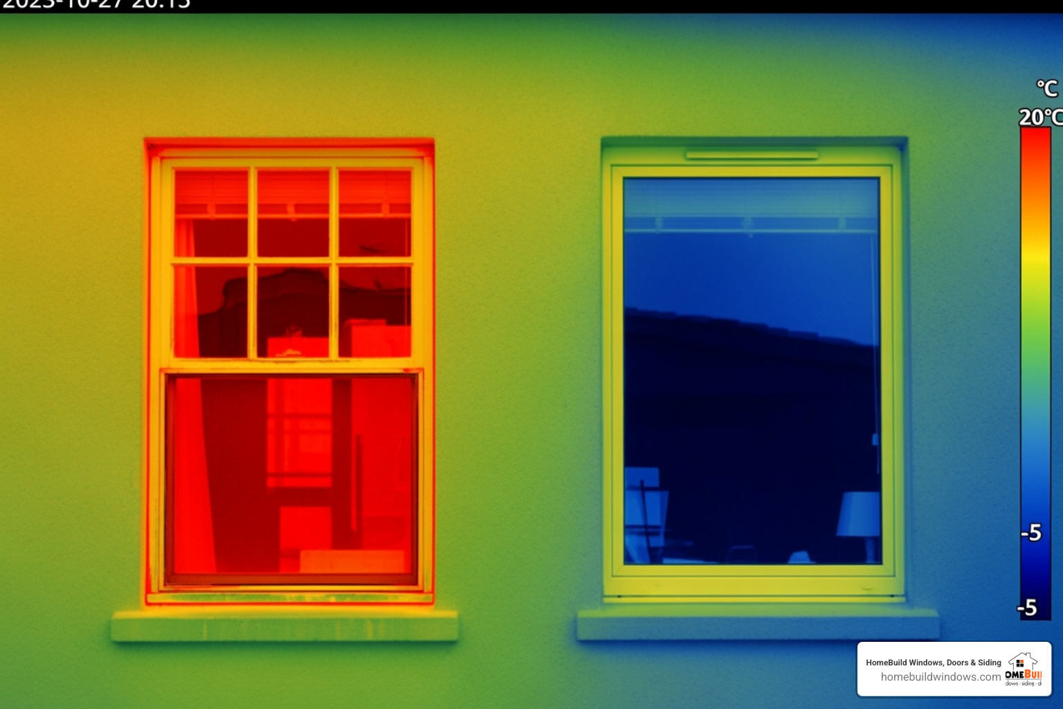 thermal camera showing heat loss from an old window versus a new one - window installation services