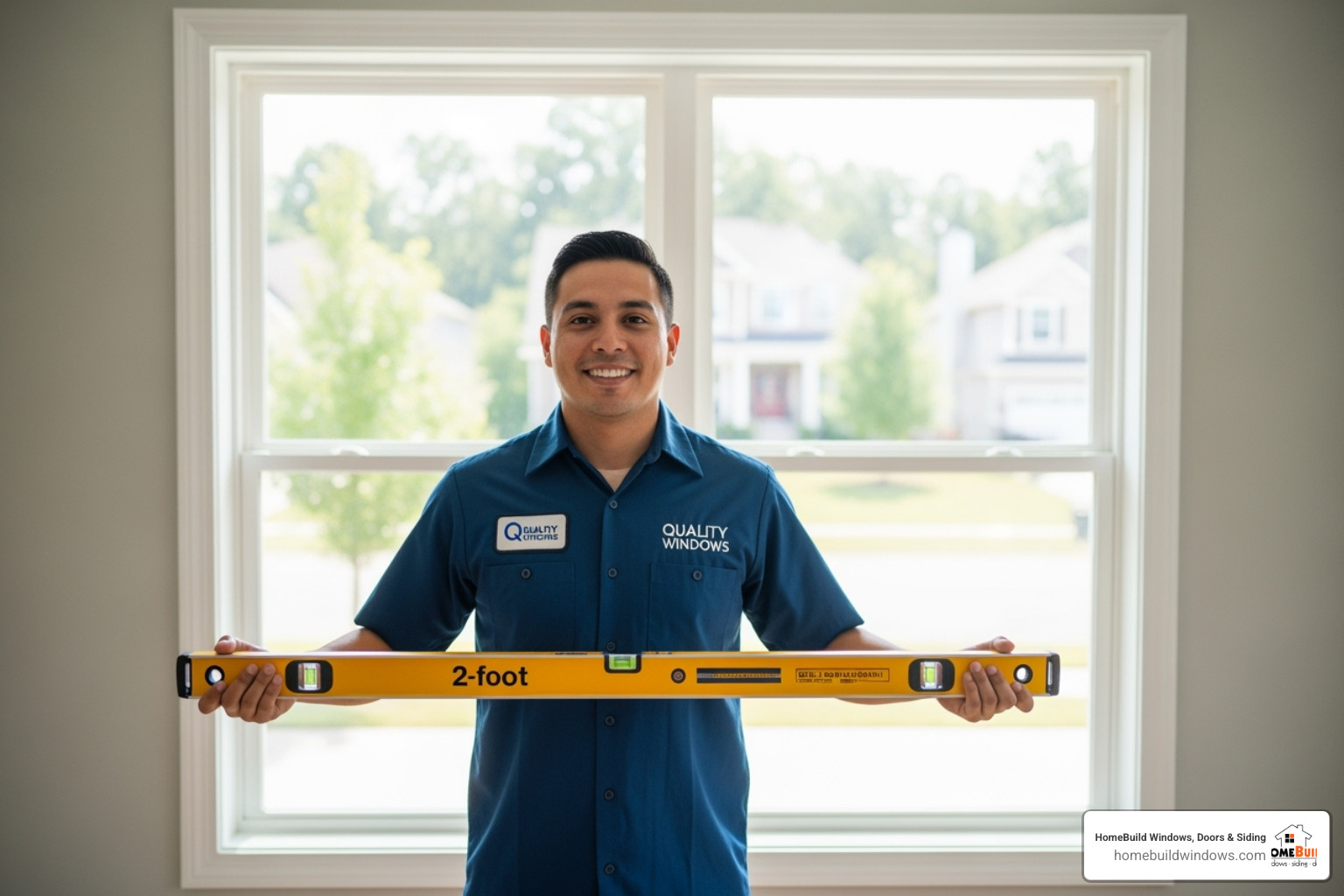 professional, uniformed installer smiling and holding a level - window installation services