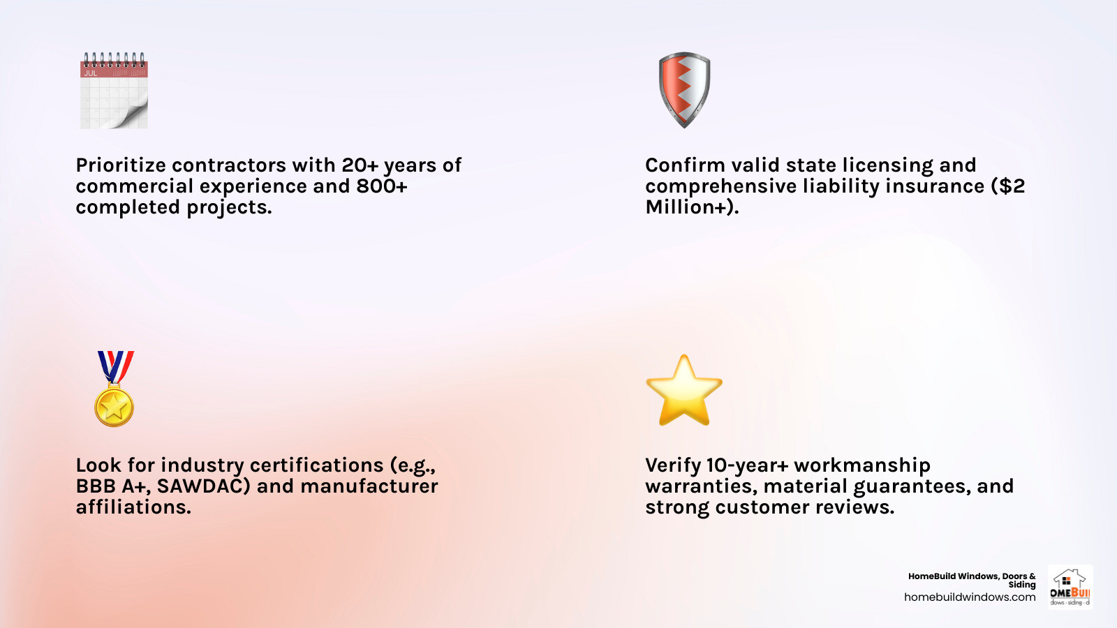 Detailed checklist for hiring a commercial window and siding contractor, emphasizing experience, licensing, insurance, certifications, and warranty - window siding contractor infographic 4_facts_emoji_light-gradient