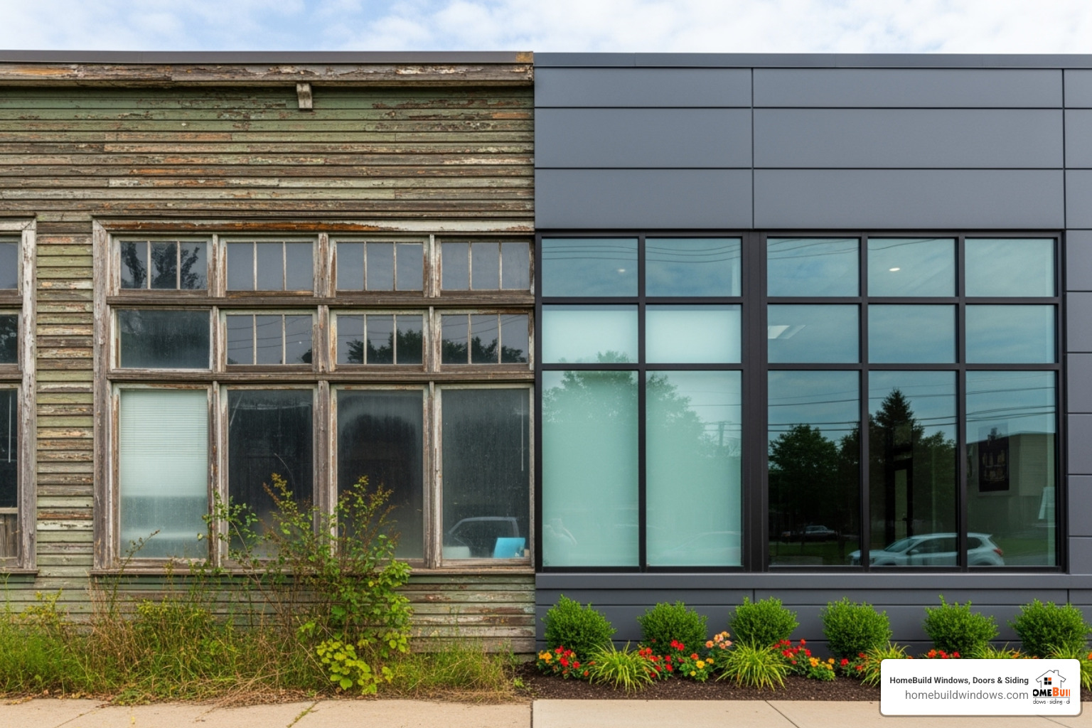 building exterior half-renovated, showing a stark contrast - window siding contractor