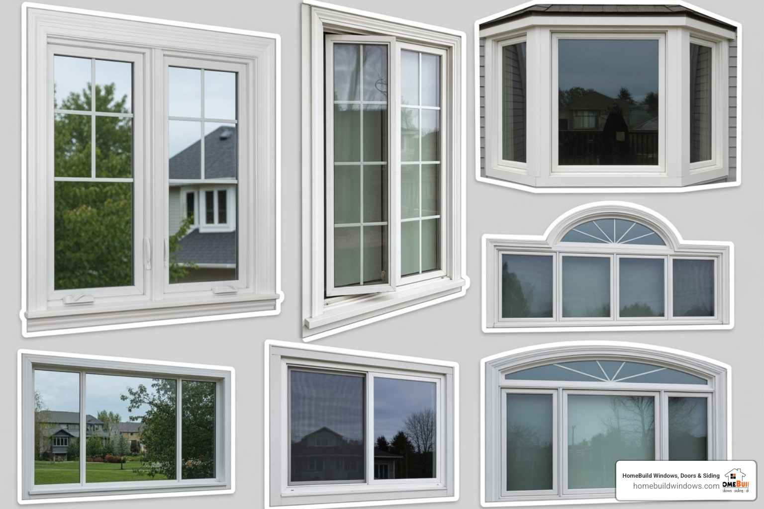 A collage showing different window styles like double-hung, casement, and bay windows - window replacement companies