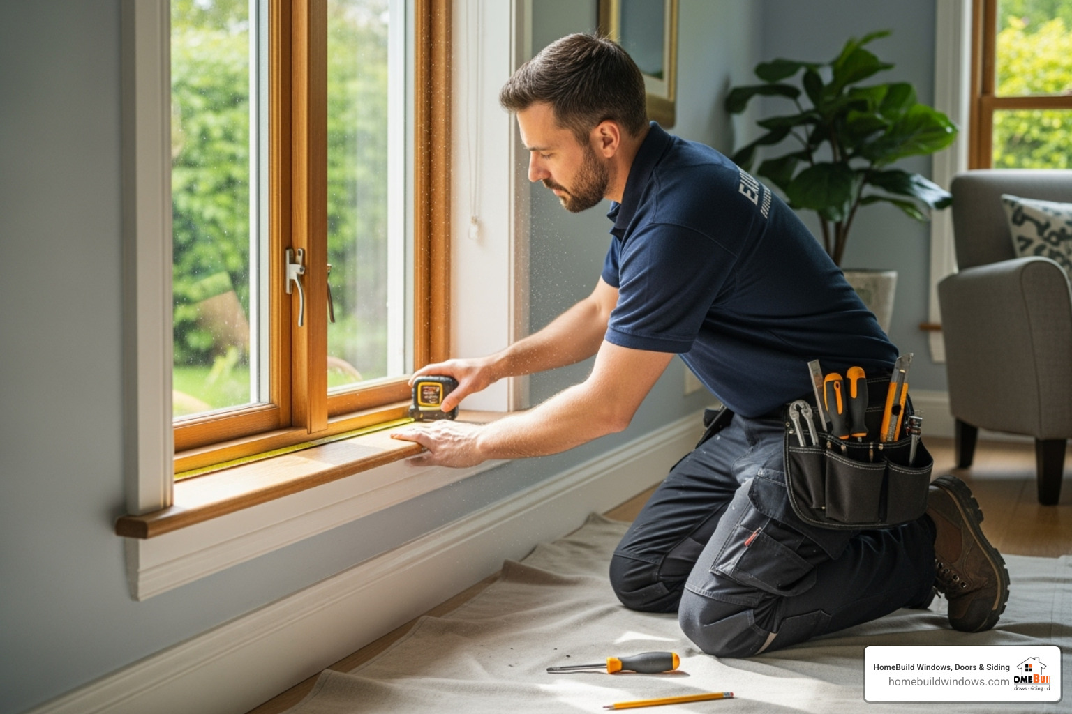 A professional installer carefully measuring a window frame - window replacement companies