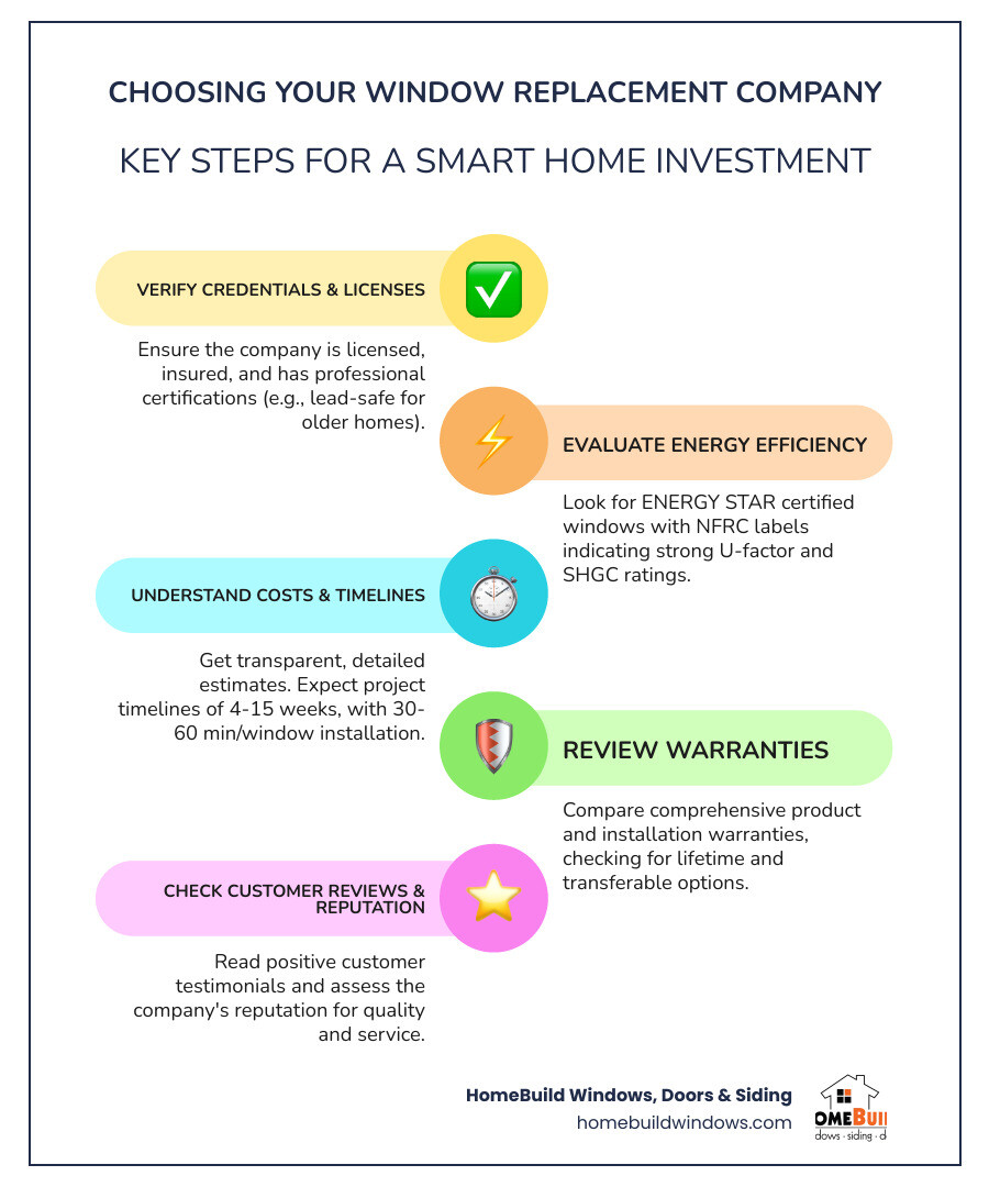 Comprehensive infographic showing the window replacement company selection process, including key factors to evaluate: licensing and insurance verification, warranty comparison between product and installation coverage, energy efficiency ratings like NFRC labels and Energy Star certification, customer review analysis, installation timeline expectations from consultation through completion, and cost breakdown showing average pricing ranges for different window materials and installation complexity - window replacement companies infographic infographic-line-5-steps-colors