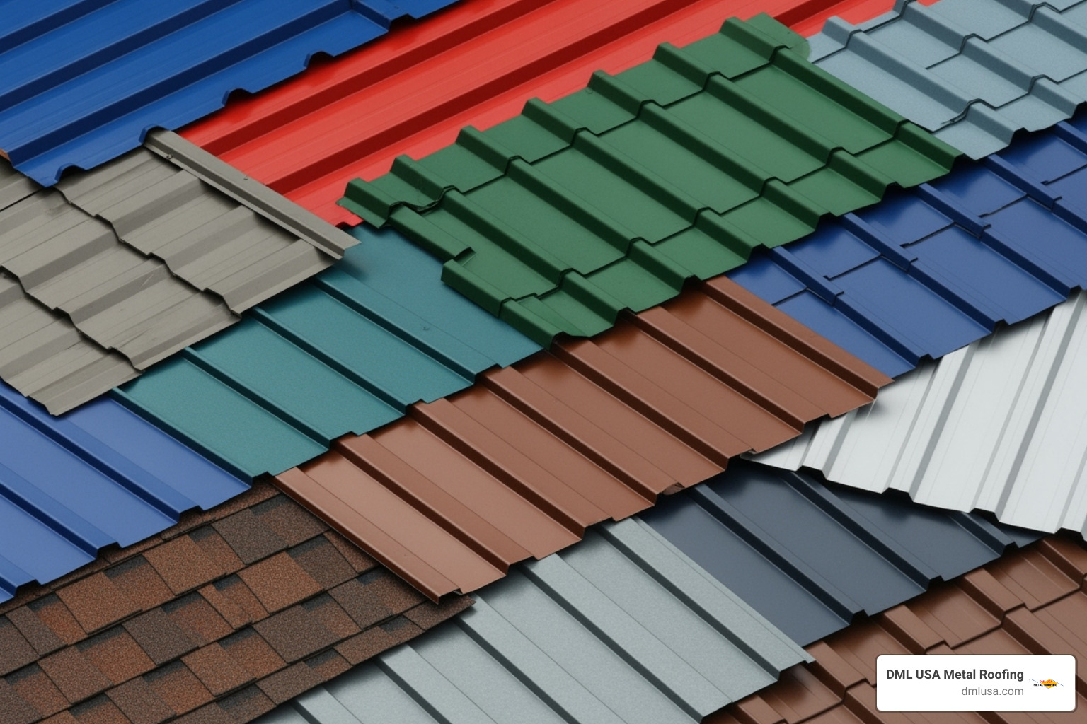 A collage of different colored metal roof panels showcasing a wide array of hues and finishes - colored metal roofing panels