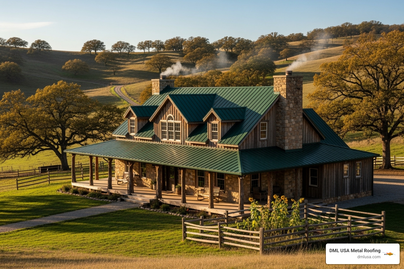 A rustic farmhouse with a dark green metal roof, demonstrating how color can complement architectural style - colored metal roofing panels