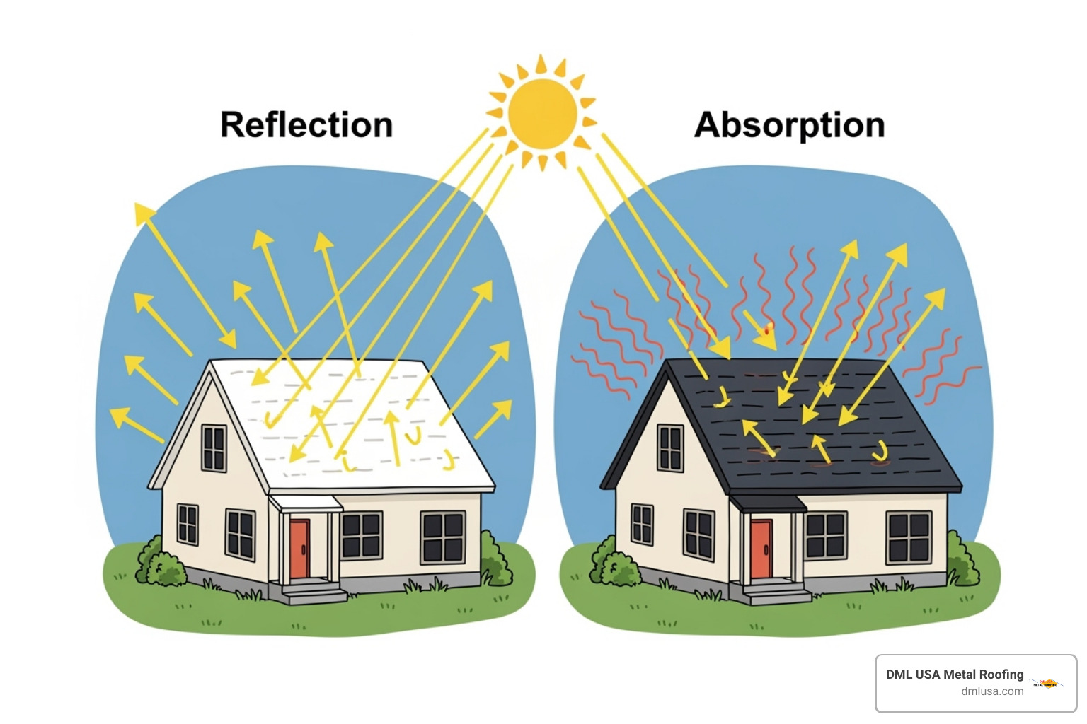A sun diagram illustrating heat reflection off a light-colored roof compared to heat absorption by a dark-colored roof - colored metal roofing panels