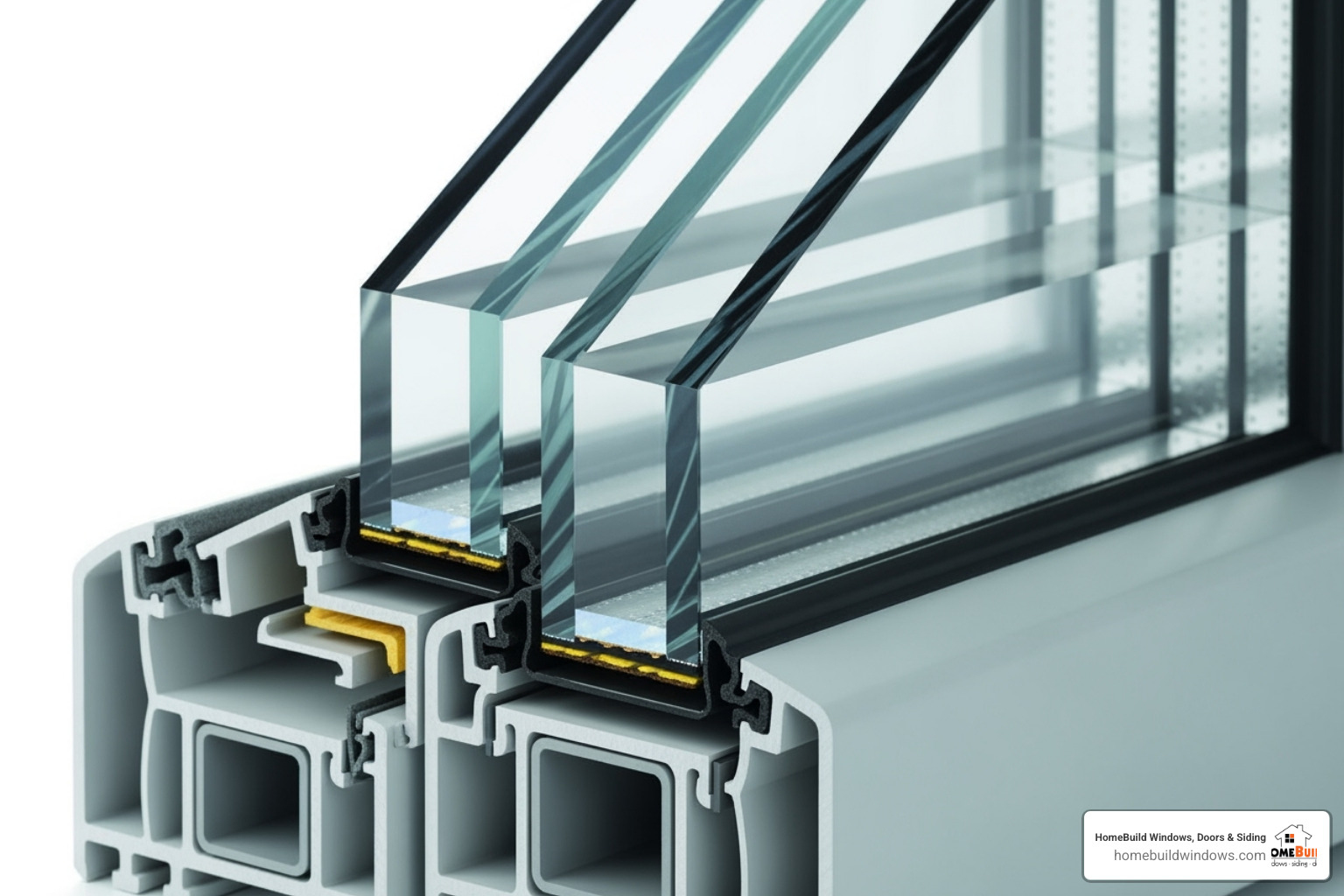 cross-section of a modern, energy-efficient window showing multiple panes and gas fill - window installation chicago