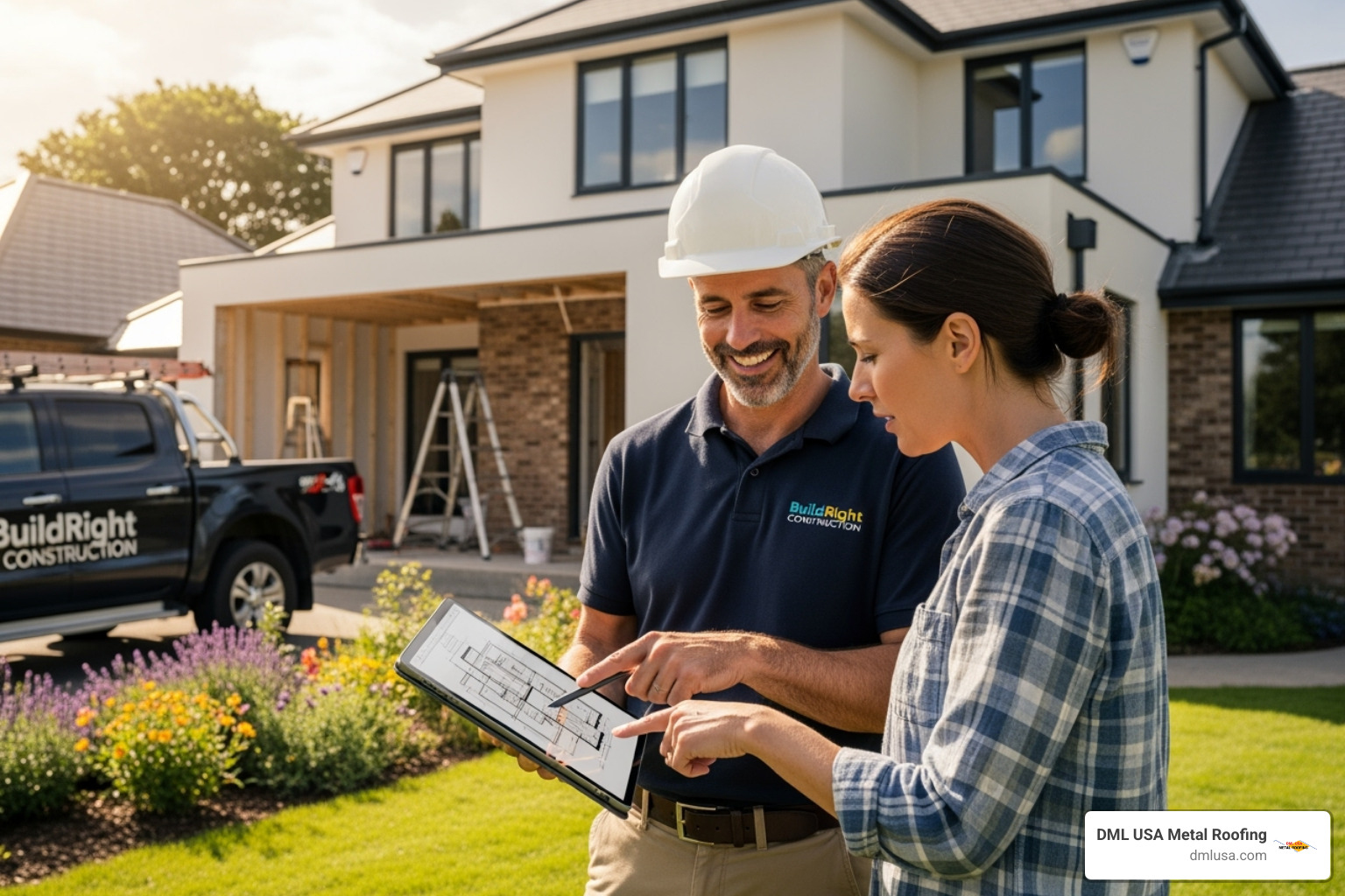 friendly contractor discussing plans with a homeowner - amish metal roofing companies near me