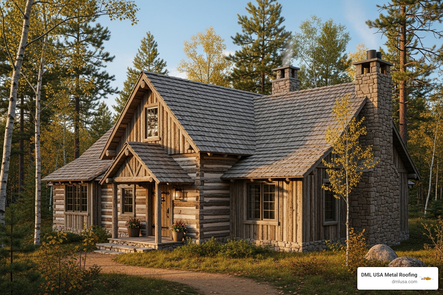 Image of a rustic home with wood-shake style metal shingles - metal roof shingles for sale
