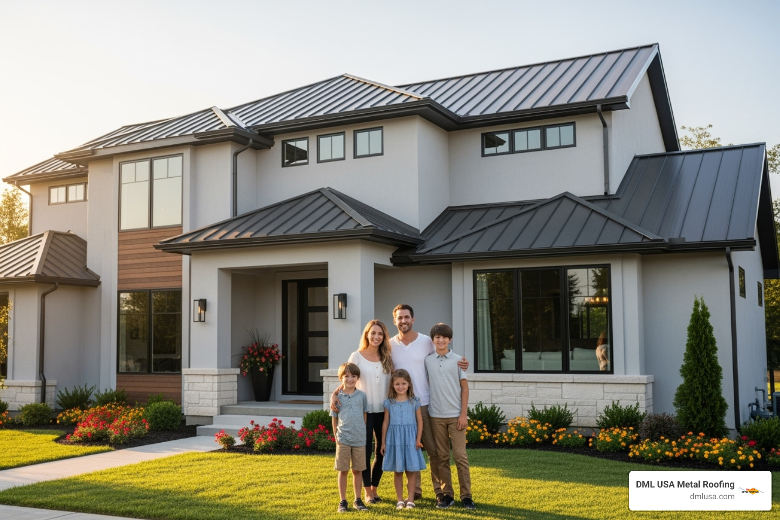 A family standing proudly in front of their home with a newly installed metal shingle roof, showcasing curb appeal and longevity - metal roof shingles for sale