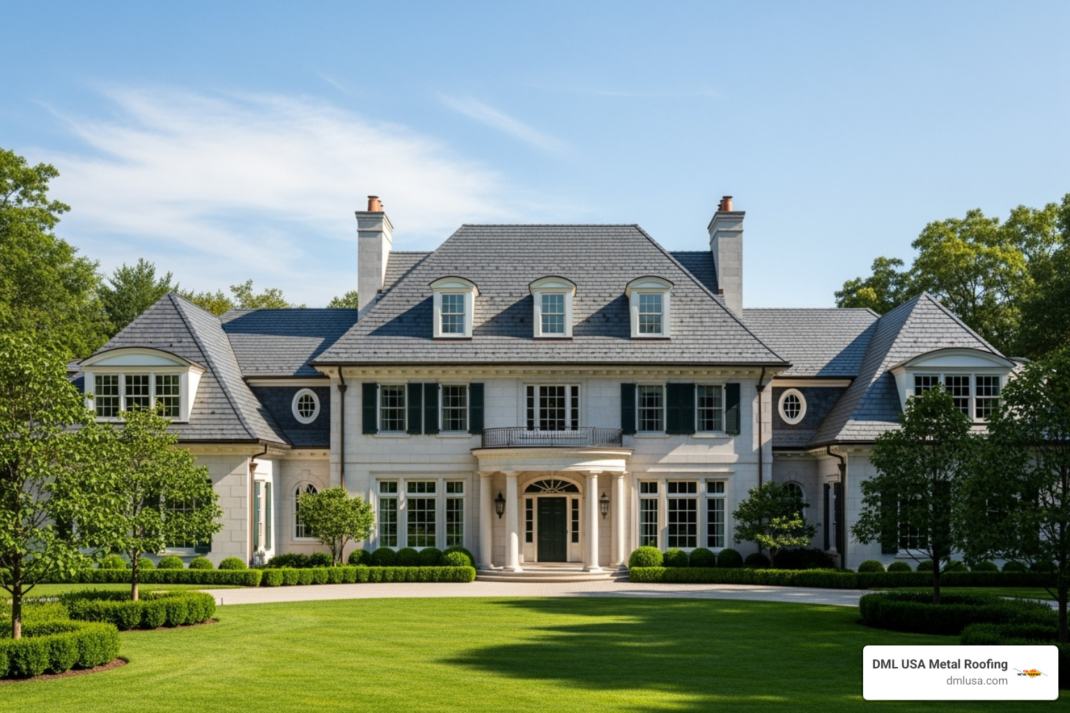 Image of a stately home with slate-style metal shingles - metal roof shingles for sale