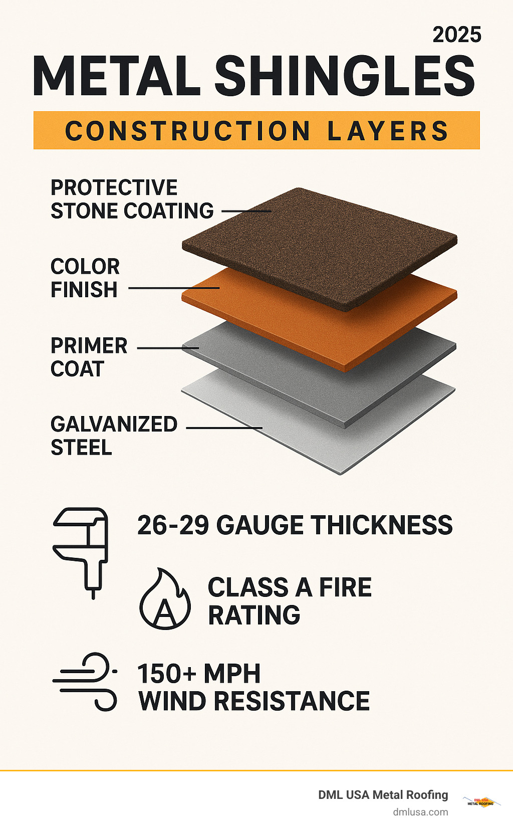 Infographic showing the construction layers of metal shingles including galvanized steel base, primer coat, color finish, and protective stone coating with specifications for gauge thickness, fire ratings, and wind resistance capabilities - metal roof shingles for sale infographic 
