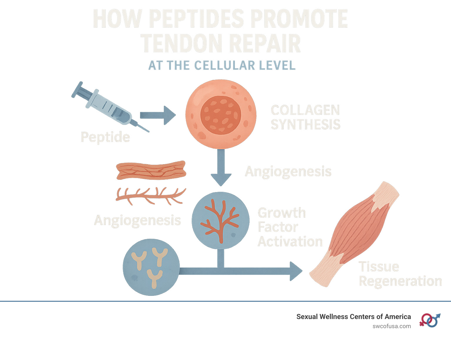 Infographic showing how peptides work at the cellular level to promote tendon repair through collagen synthesis, angiogenesis, and growth factor activation, with arrows indicating the progression from peptide administration to tissue regeneration - best peptide for tendon repair infographic Infographic showing how peptides work at the cellular level to promote tendon repair through collagen synthesis, angiogenesis, and growth factor activation, with arrows indicating the progression from peptide administration to tissue regeneration - best peptide for tendon repair infographic